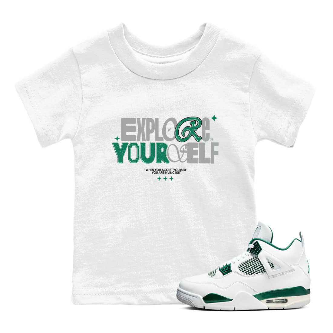 4s Oxidized Green shirts to match jordans Explore Yourself sneaker match tees Air Jordan 4 Oxidized Green SNRT Sneaker Tees streetwear brand Baby and Youth White 1 cotton tee