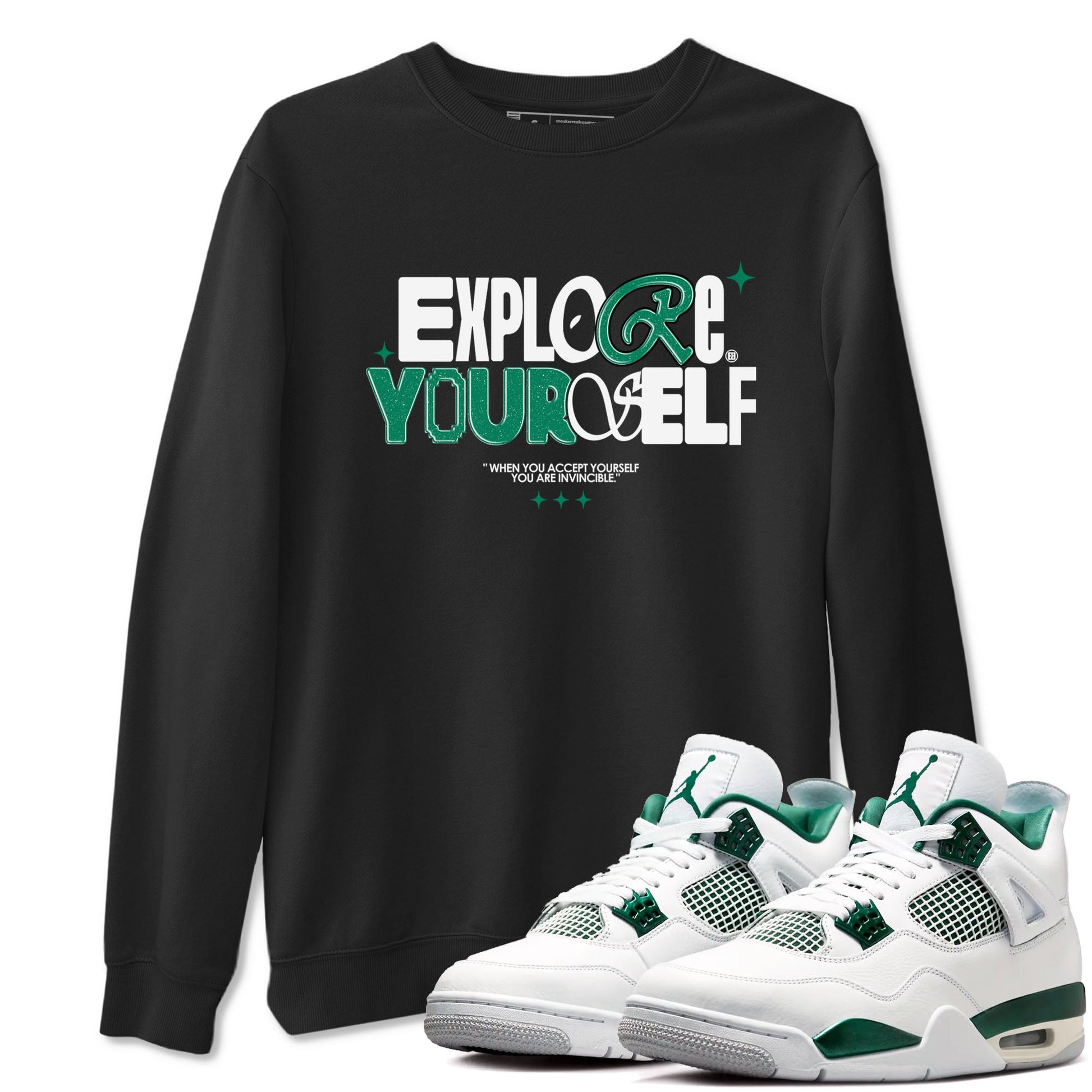 4s Oxidized Green shirts to match jordans Explore Yourself sneaker match tees Air Jordan 4 Oxidized Green SNRT Sneaker Tees streetwear brand Black 1 unisex cotton tee