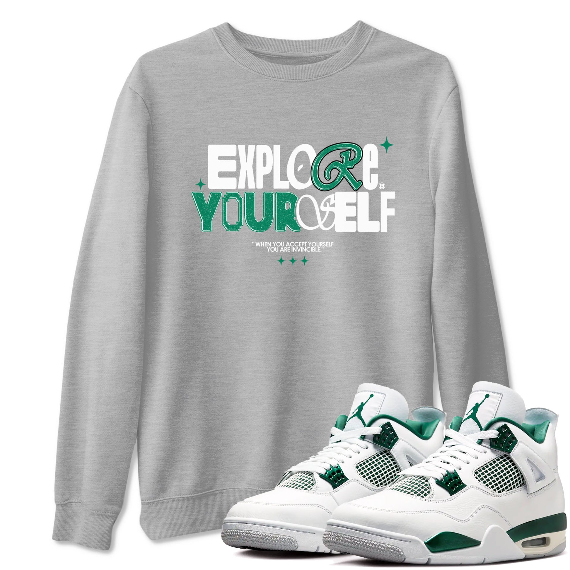 4s Oxidized Green shirts to match jordans Explore Yourself sneaker match tees Air Jordan 4 Oxidized Green SNRT Sneaker Tees streetwear brand Heather Grey 1 unisex cotton tee
