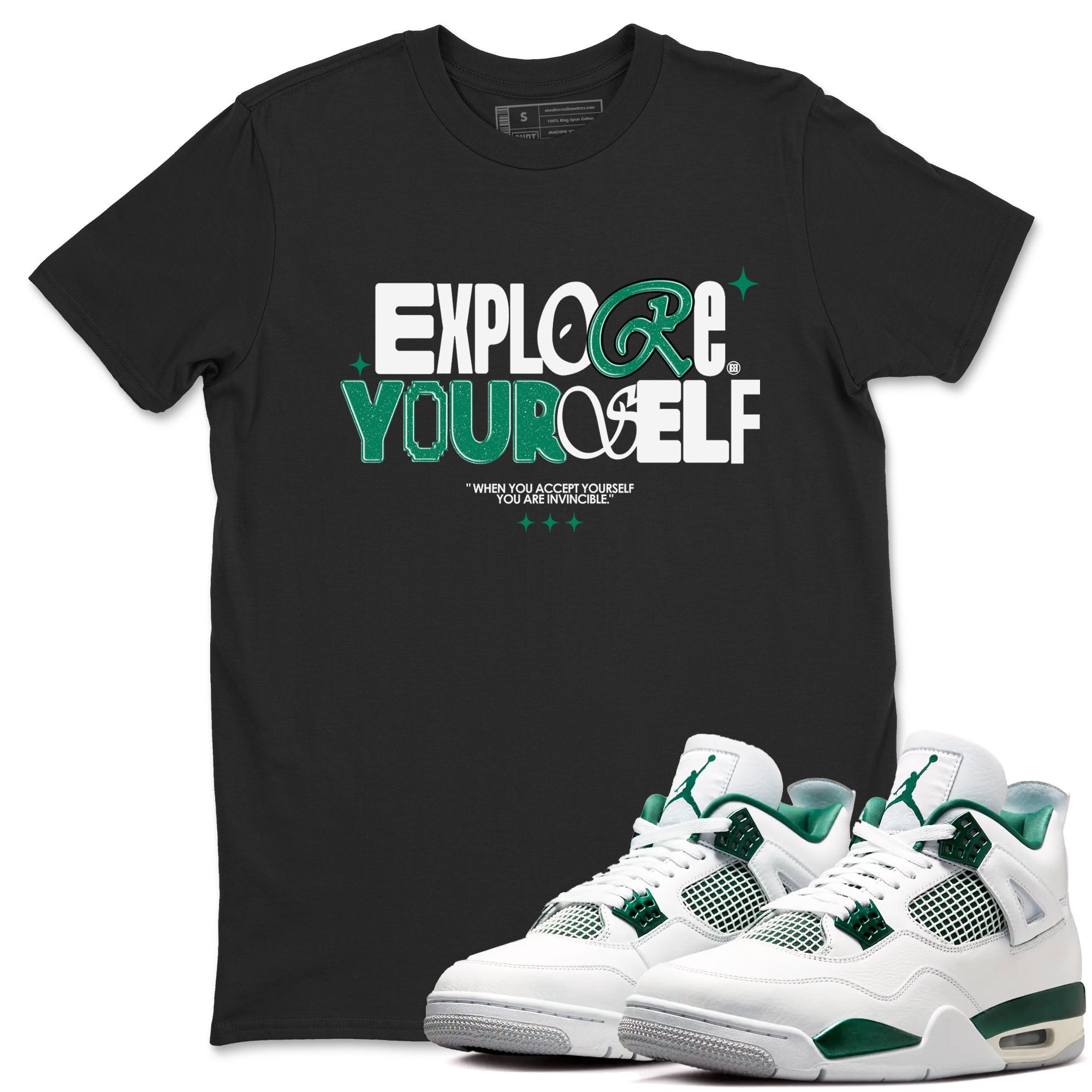 4s Oxidized Green shirts to match jordans Explore Yourself sneaker match tees Air Jordan 4 Oxidized Green SNRT Sneaker Tees streetwear brand Black 1 unisex cotton tee