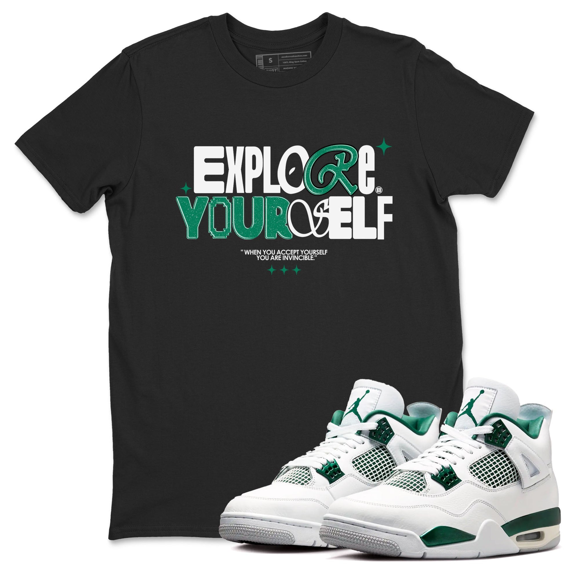 4s Oxidized Green shirts to match jordans Explore Yourself sneaker match tees Air Jordan 4 Oxidized Green SNRT Sneaker Tees streetwear brand Black 1 unisex cotton tee