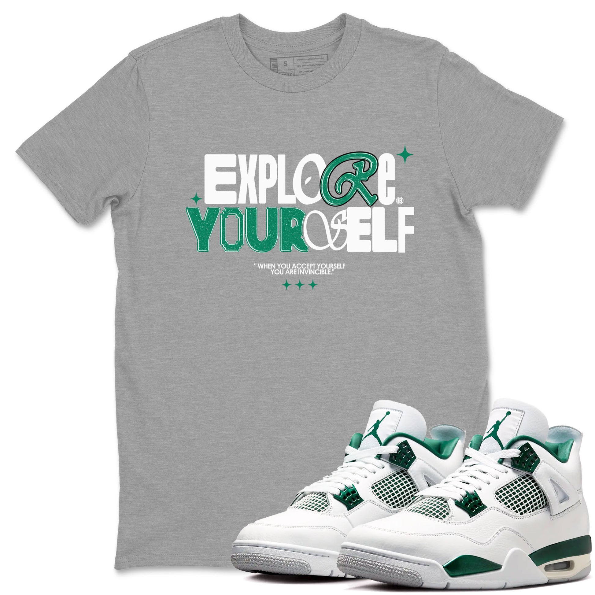 4s Oxidized Green shirts to match jordans Explore Yourself sneaker match tees Air Jordan 4 Oxidized Green SNRT Sneaker Tees streetwear brand Heather Grey 1 unisex cotton tee