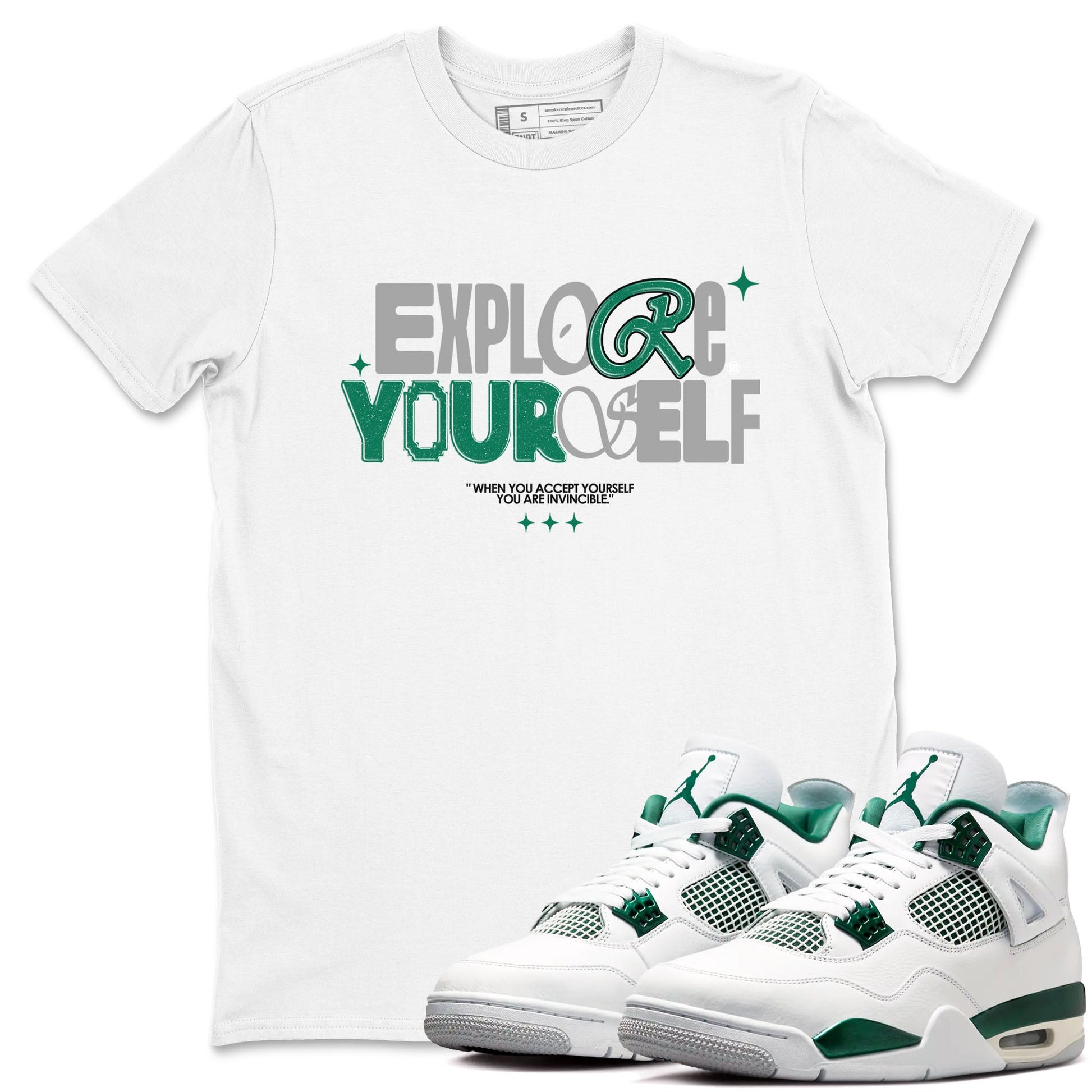 4s Oxidized Green shirts to match jordans Explore Yourself sneaker match tees Air Jordan 4 Oxidized Green SNRT Sneaker Tees streetwear brand White 1 unisex cotton tee