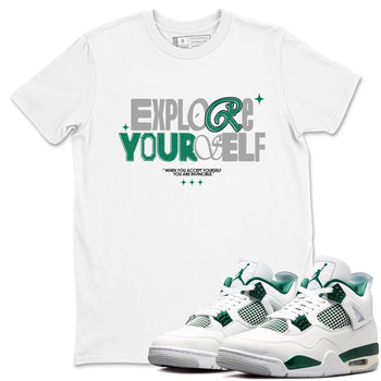 4s Oxidized Green shirts to match jordans Explore Yourself sneaker match tees Air Jordan 4 Oxidized Green SNRT Sneaker Tees streetwear brand White 1 unisex cotton tee