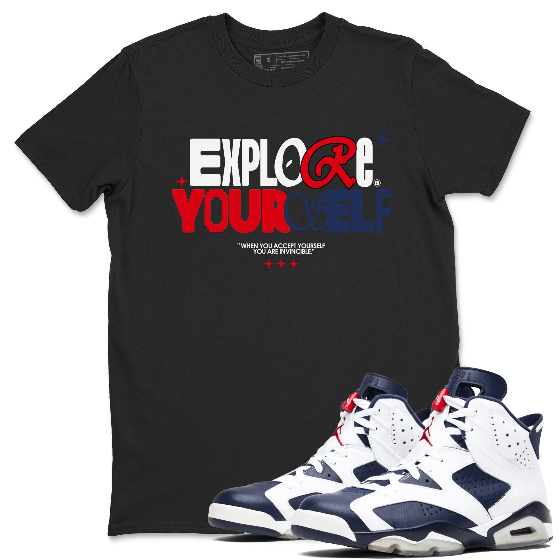 6s White And Midnight Navy shirts to match jordans Explore Yourself sneaker match tees Air Jordan 6 White And Midnight Navy SNRT Sneaker Tees streetwear brand Black 1 unisex cotton tee