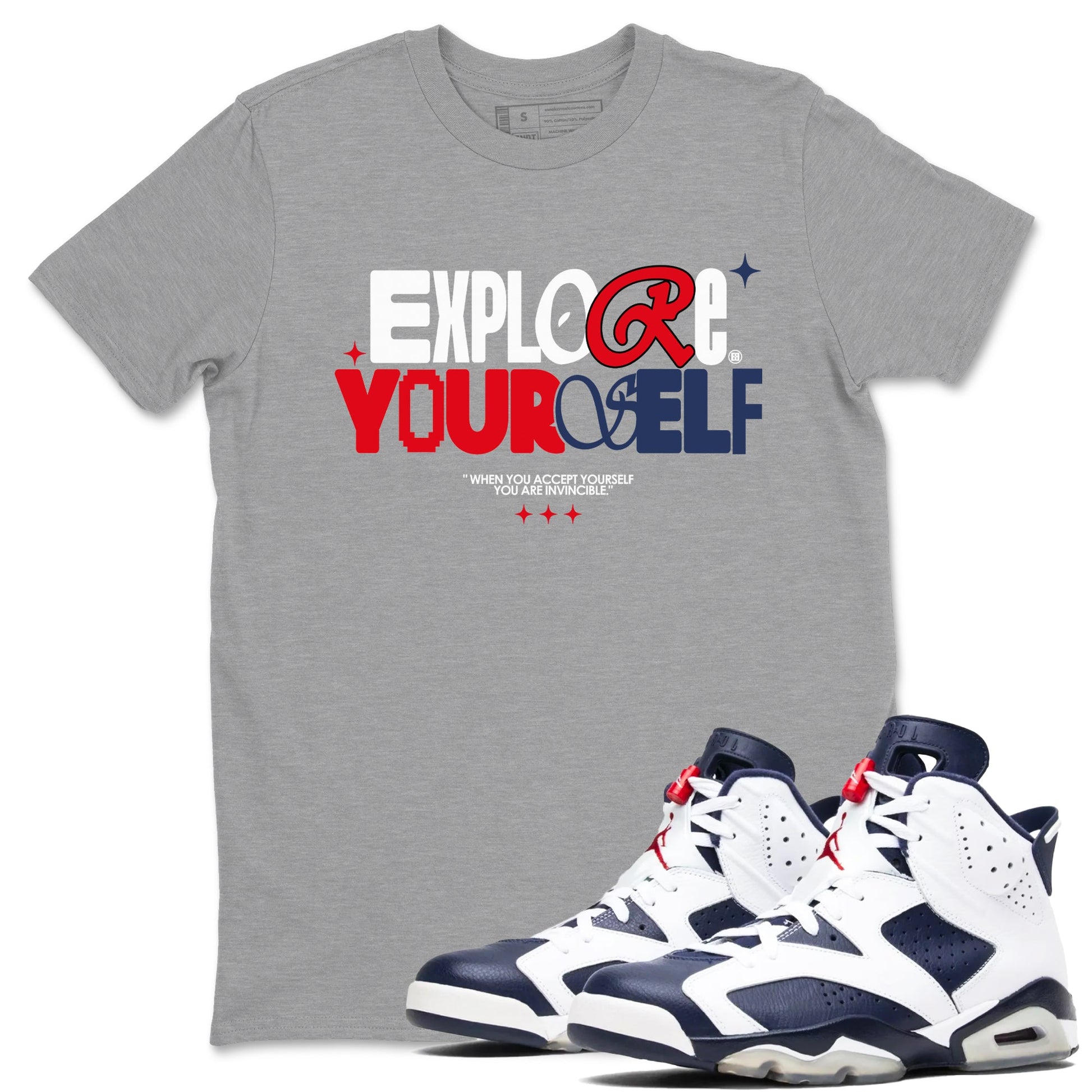 6s White And Midnight Navy shirts to match jordans Explore Yourself sneaker match tees Air Jordan 6 White And Midnight Navy SNRT Sneaker Tees streetwear brand Heather Grey 1 unisex cotton tee