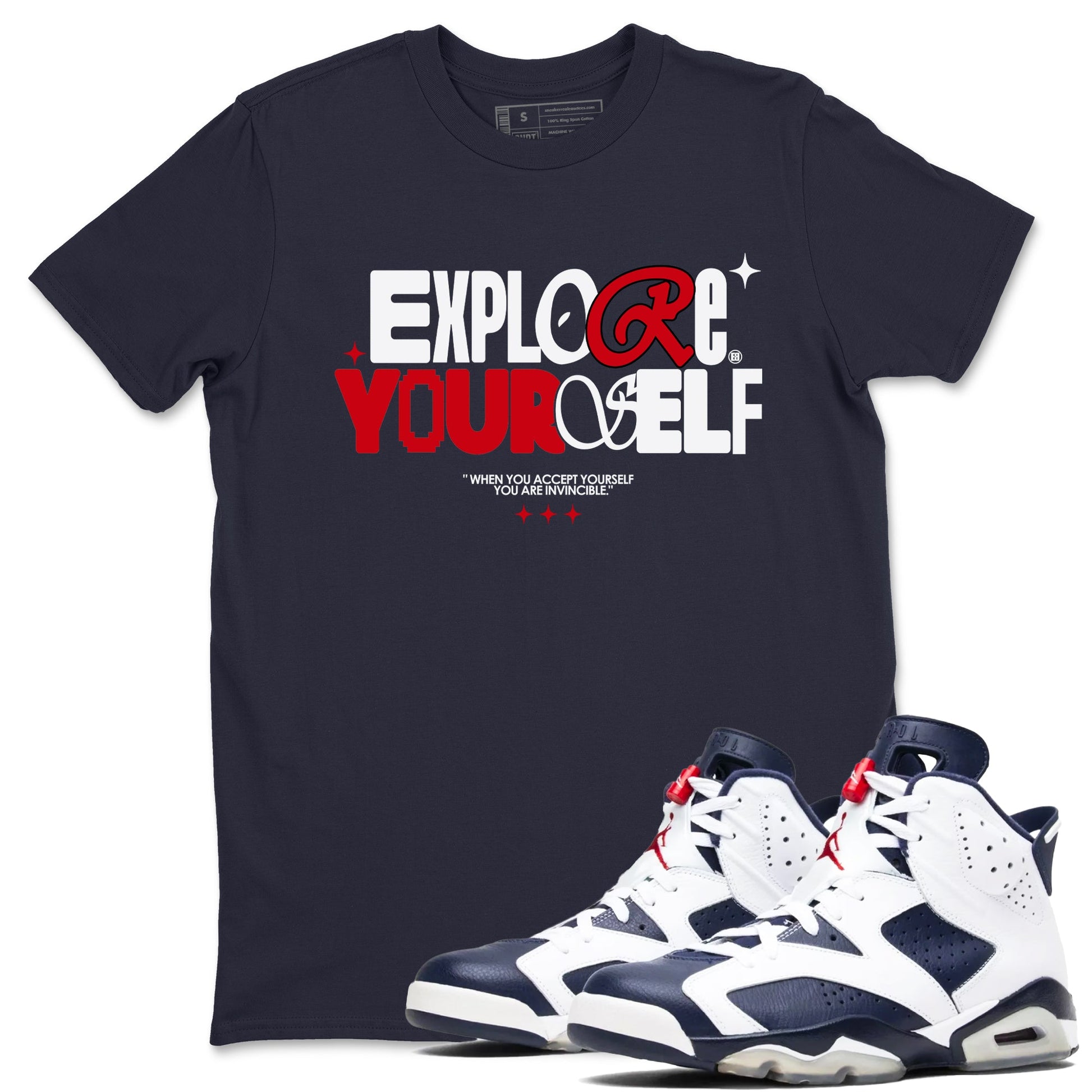 6s White And Midnight Navy shirts to match jordans Explore Yourself sneaker match tees Air Jordan 6 White And Midnight Navy SNRT Sneaker Tees streetwear brand Navy 1 unisex cotton tee