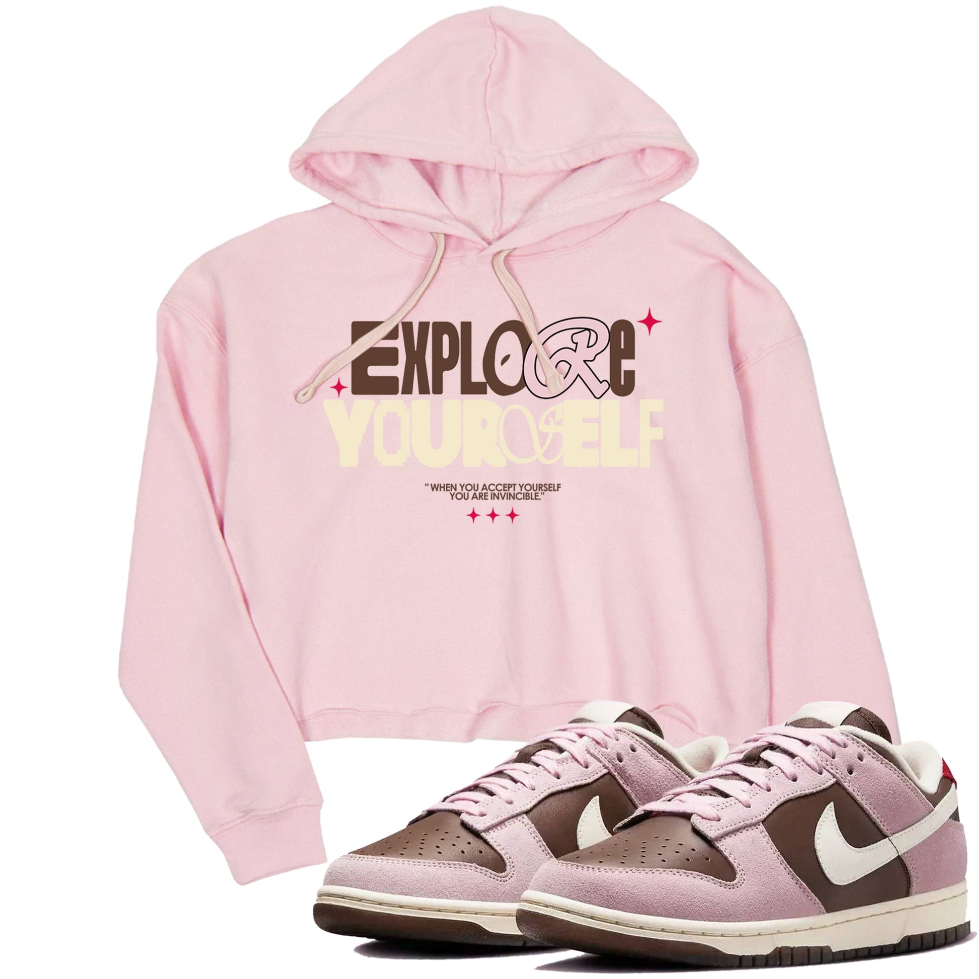 Dunk Cacao Wow And Pink Foam shirts to match jordans Explore Yourself sneaker match tees Dunk Cacao Wow And Pink Foam SNRT Sneaker Tees streetwear brand Pink 1 crop tee