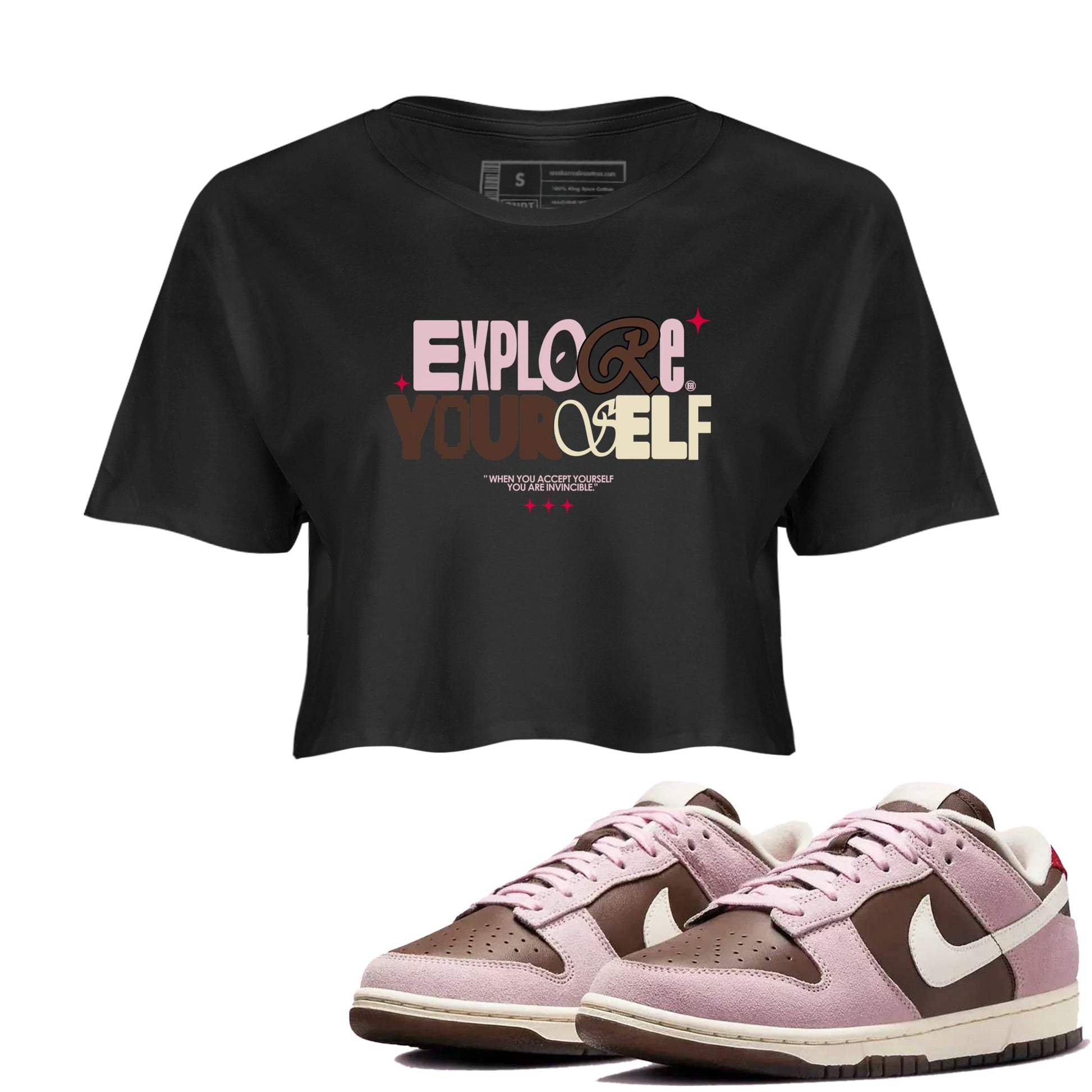 Dunk Cacao Wow And Pink Foam shirts to match jordans Explore Yourself sneaker match tees Dunk Cacao Wow And Pink Foam SNRT Sneaker Tees streetwear brand Black 1 crop tee