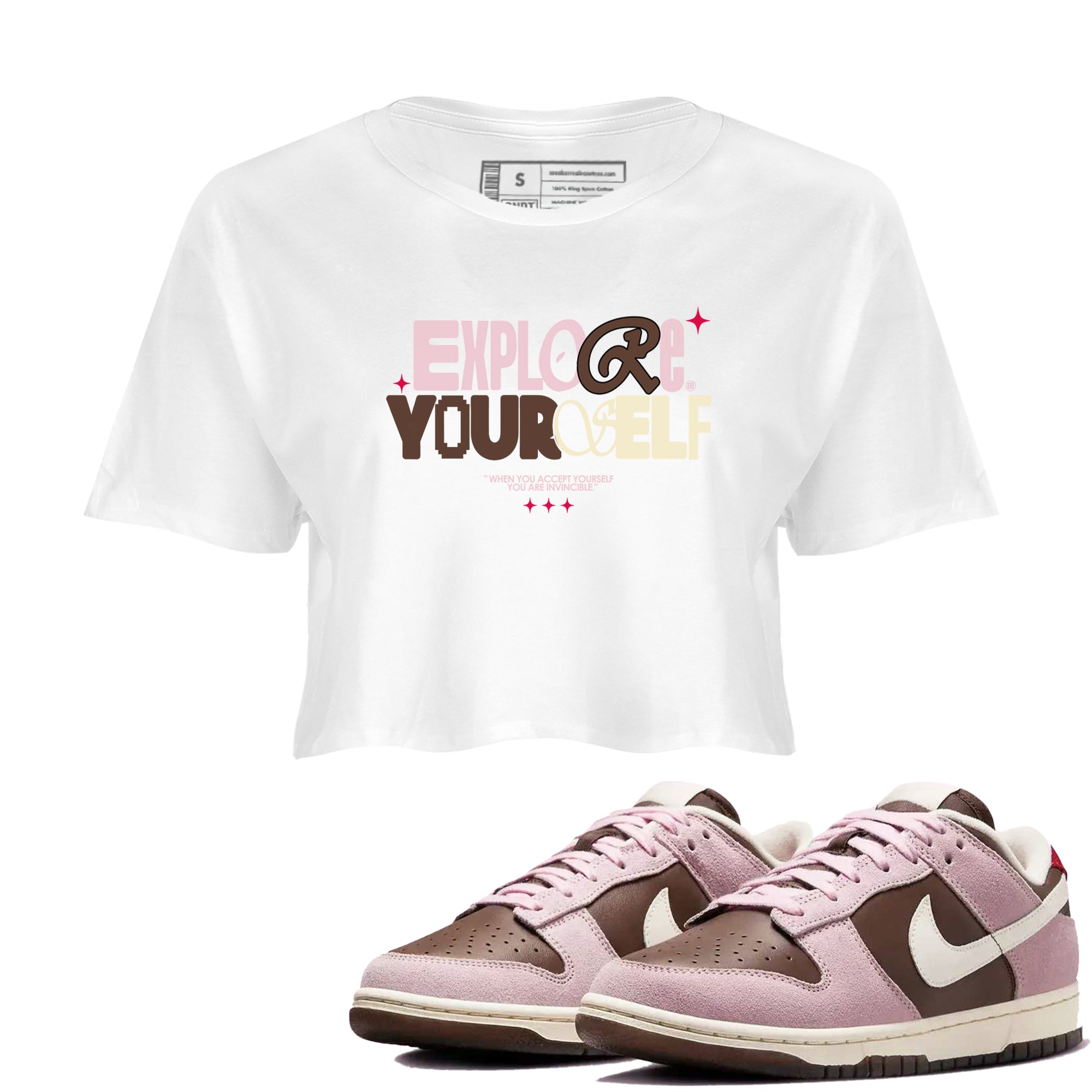 Dunk Cacao Wow And Pink Foam shirts to match jordans Explore Yourself sneaker match tees Dunk Cacao Wow And Pink Foam SNRT Sneaker Tees streetwear brand White 1 crop tee