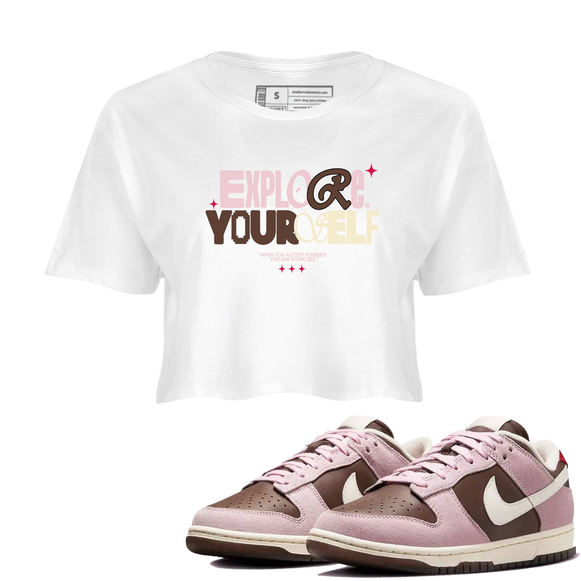 Dunk Cacao Wow And Pink Foam shirts to match jordans Explore Yourself sneaker match tees Dunk Cacao Wow And Pink Foam SNRT Sneaker Tees streetwear brand White 1 crop tee