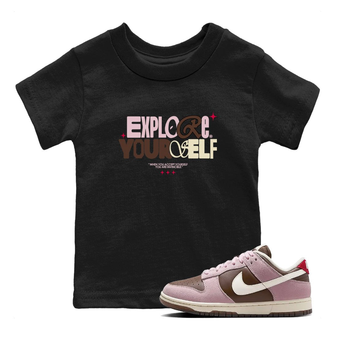Dunk Cacao Wow And Pink Foam shirts to match jordans Explore Yourself sneaker match tees Dunk Cacao Wow And Pink Foam SNRT Sneaker Tees streetwear brand Baby and Youth Black 1 cotton tee