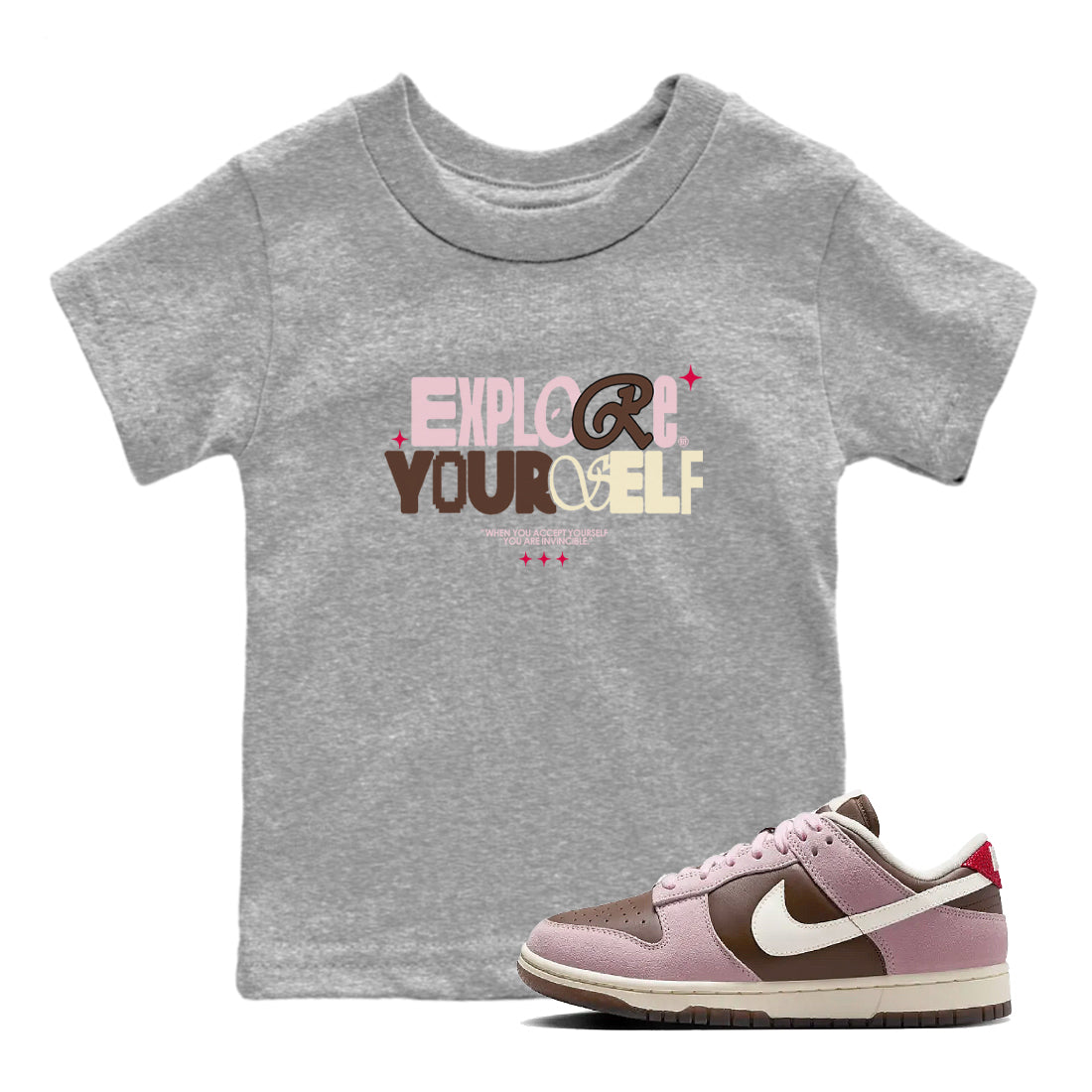 Dunk Cacao Wow And Pink Foam shirts to match jordans Explore Yourself sneaker match tees Dunk Cacao Wow And Pink Foam SNRT Sneaker Tees streetwear brand Baby and Youth Heather Grey 1 cotton tee
