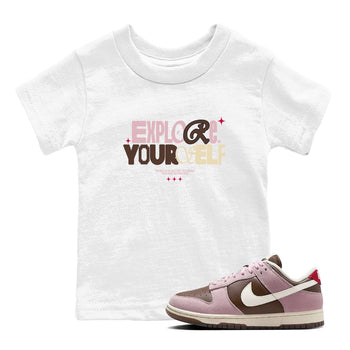 Dunk Cacao Wow And Pink Foam shirts to match jordans Explore Yourself sneaker match tees Dunk Cacao Wow And Pink Foam SNRT Sneaker Tees streetwear brand Baby and Youth White 1 cotton tee