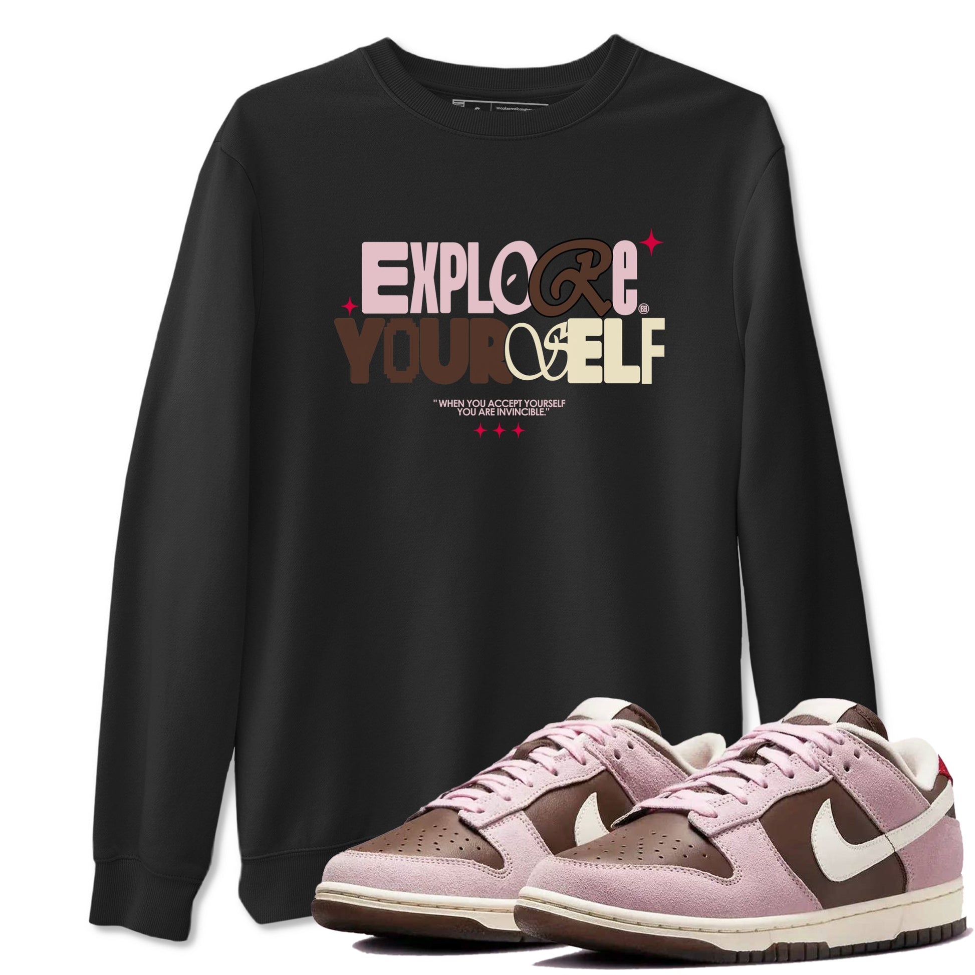 Dunk Cacao Wow And Pink Foam shirts to match jordans Explore Yourself sneaker match tees Dunk Cacao Wow And Pink Foam SNRT Sneaker Tees streetwear brand Black 1 unisex cotton tee
