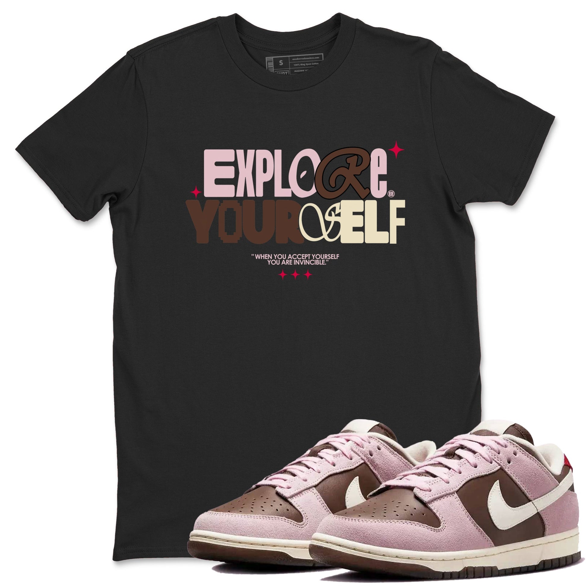 Dunk Cacao Wow And Pink Foam shirts to match jordans Explore Yourself sneaker match tees Dunk Cacao Wow And Pink Foam SNRT Sneaker Tees streetwear brand Black 1 unisex cotton tee