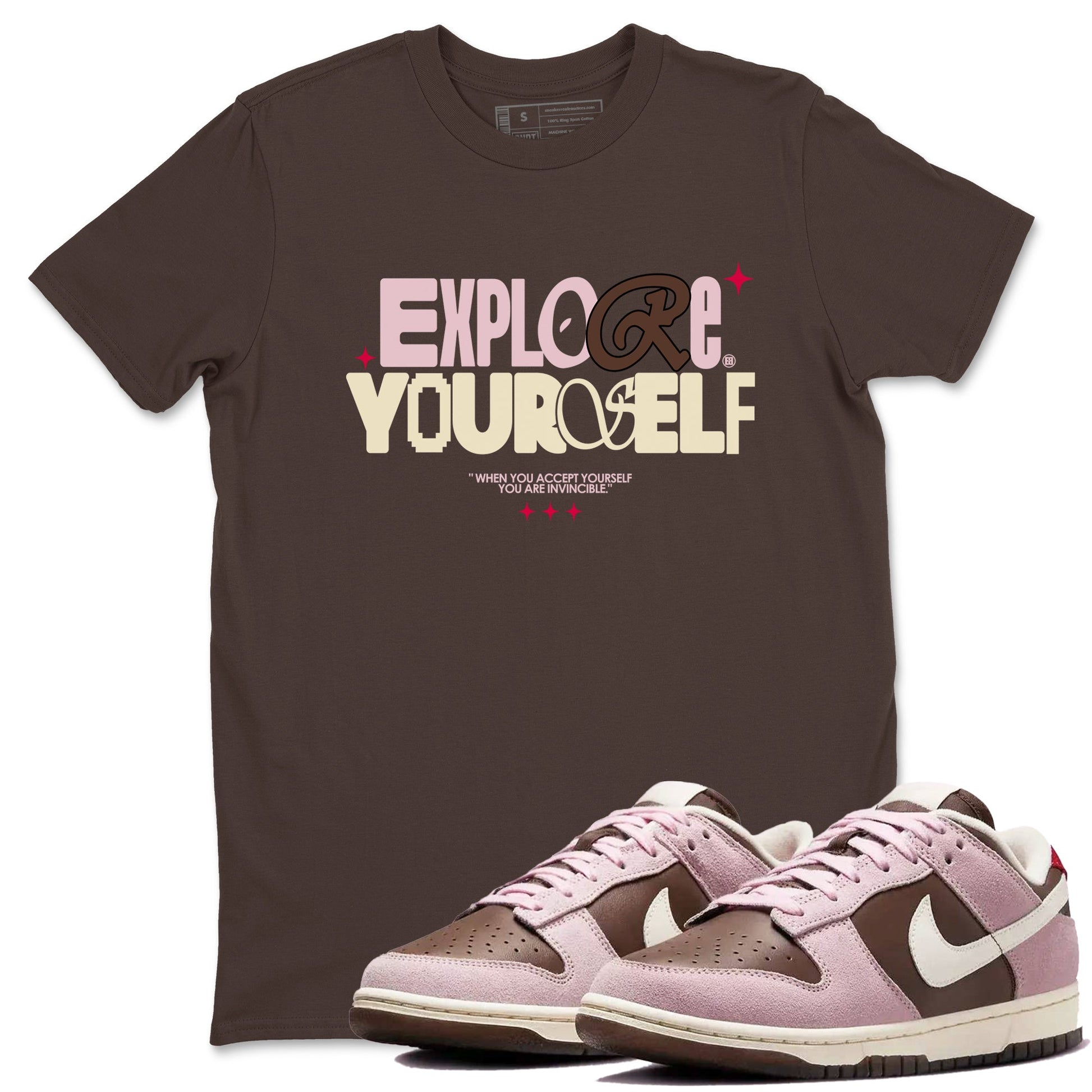 Dunk Cacao Wow And Pink Foam shirts to match jordans Explore Yourself sneaker match tees Dunk Cacao Wow And Pink Foam SNRT Sneaker Tees streetwear brand Dark Chocolate 1 unisex cotton tee