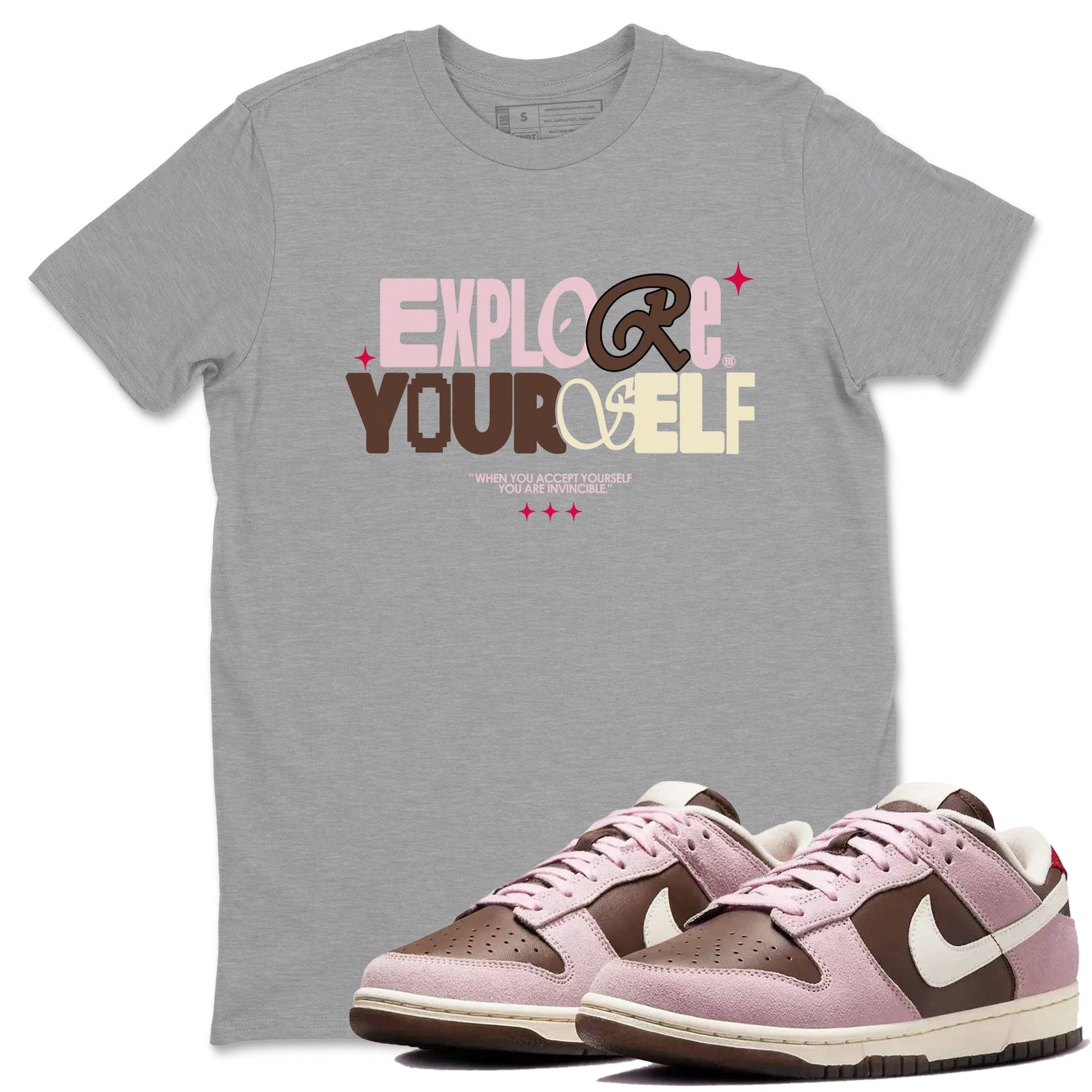 Dunk Cacao Wow And Pink Foam shirts to match jordans Explore Yourself sneaker match tees Dunk Cacao Wow And Pink Foam SNRT Sneaker Tees streetwear brand Heather Grey 1 unisex cotton tee