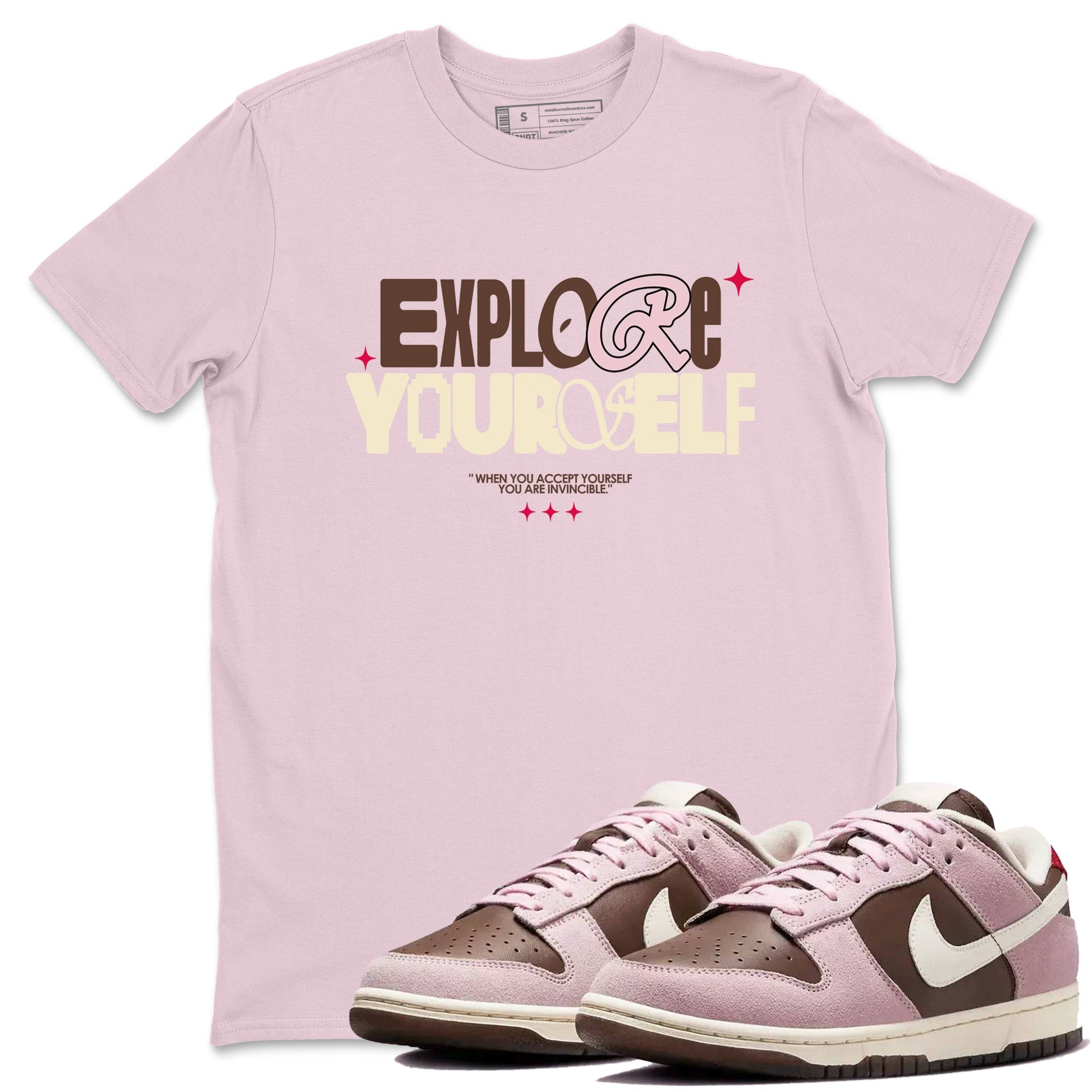 Dunk Cacao Wow And Pink Foam shirts to match jordans Explore Yourself sneaker match tees Dunk Cacao Wow And Pink Foam SNRT Sneaker Tees streetwear brand Purple 1 unisex cotton tee