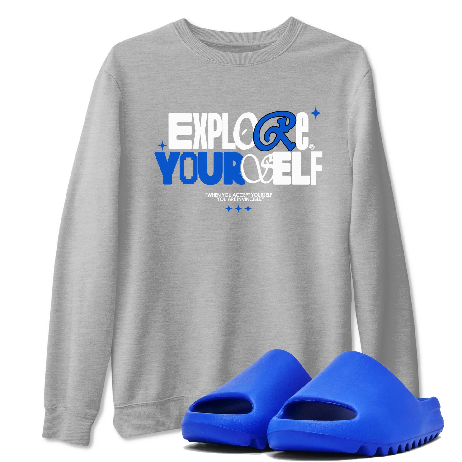 Yeezy Slide Azure shirts to match jordans Explore Yourself sneaker match tees Yeezy Slide Azure SNRT Sneaker Tees streetwear brand Heather Grey 1 unisex cotton tee