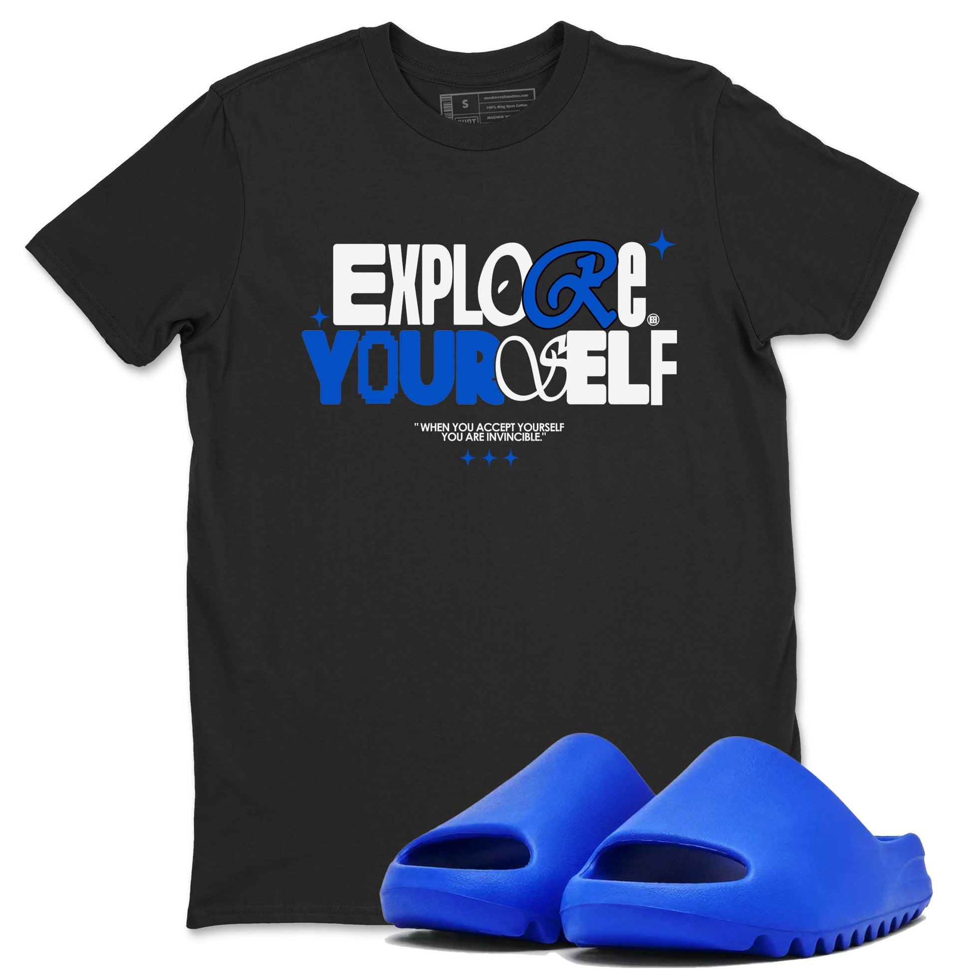 Yeezy Slide Azure shirts to match jordans Explore Yourself sneaker match tees Yeezy Slide Azure SNRT Sneaker Tees streetwear brand Black 1 unisex cotton tee