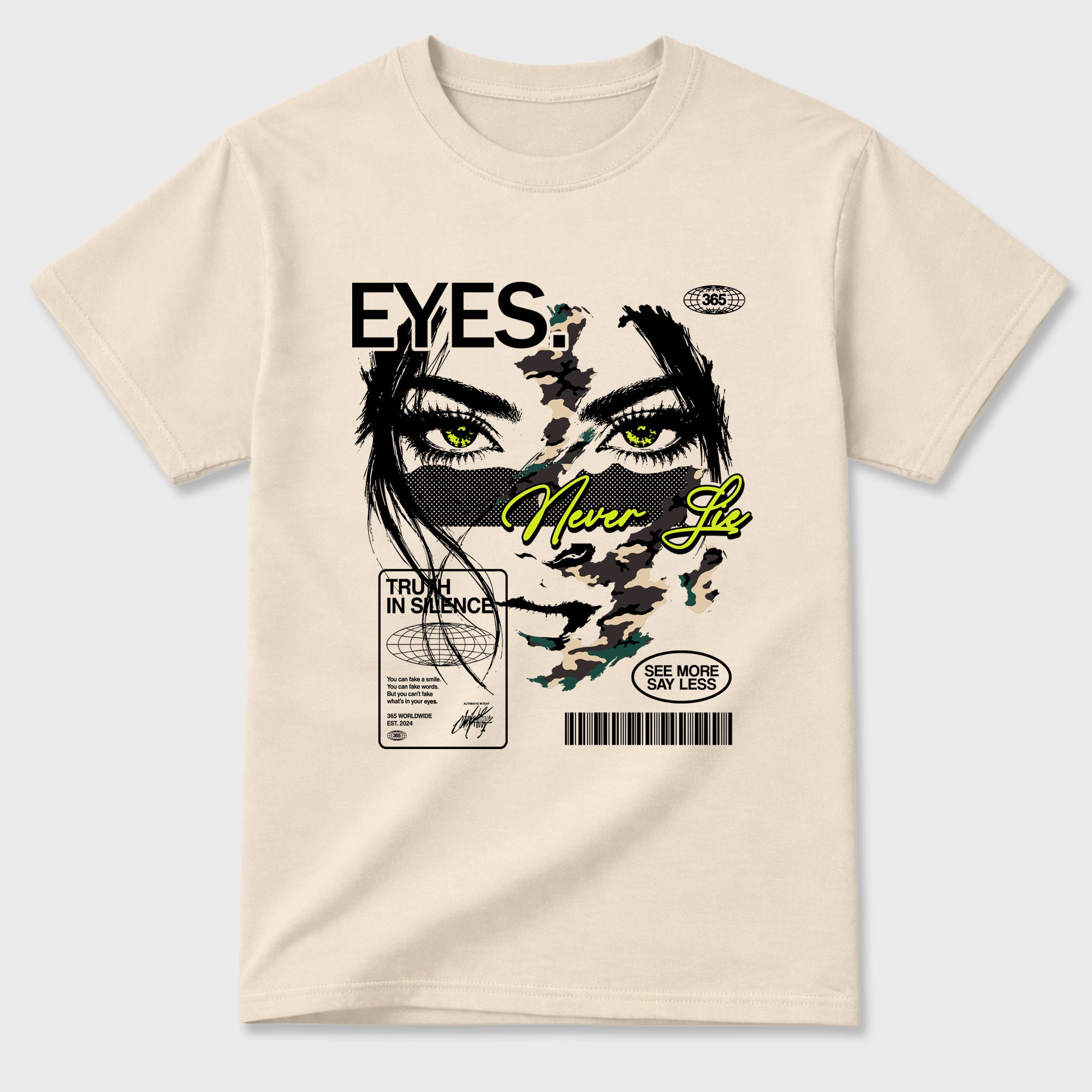 Eyes Never Lie Graphic T-Shirt featuring original streetwear artwork designed to match the Air Foamposite Pro Green Camo. Natural 2 Graphic T-Shirt.