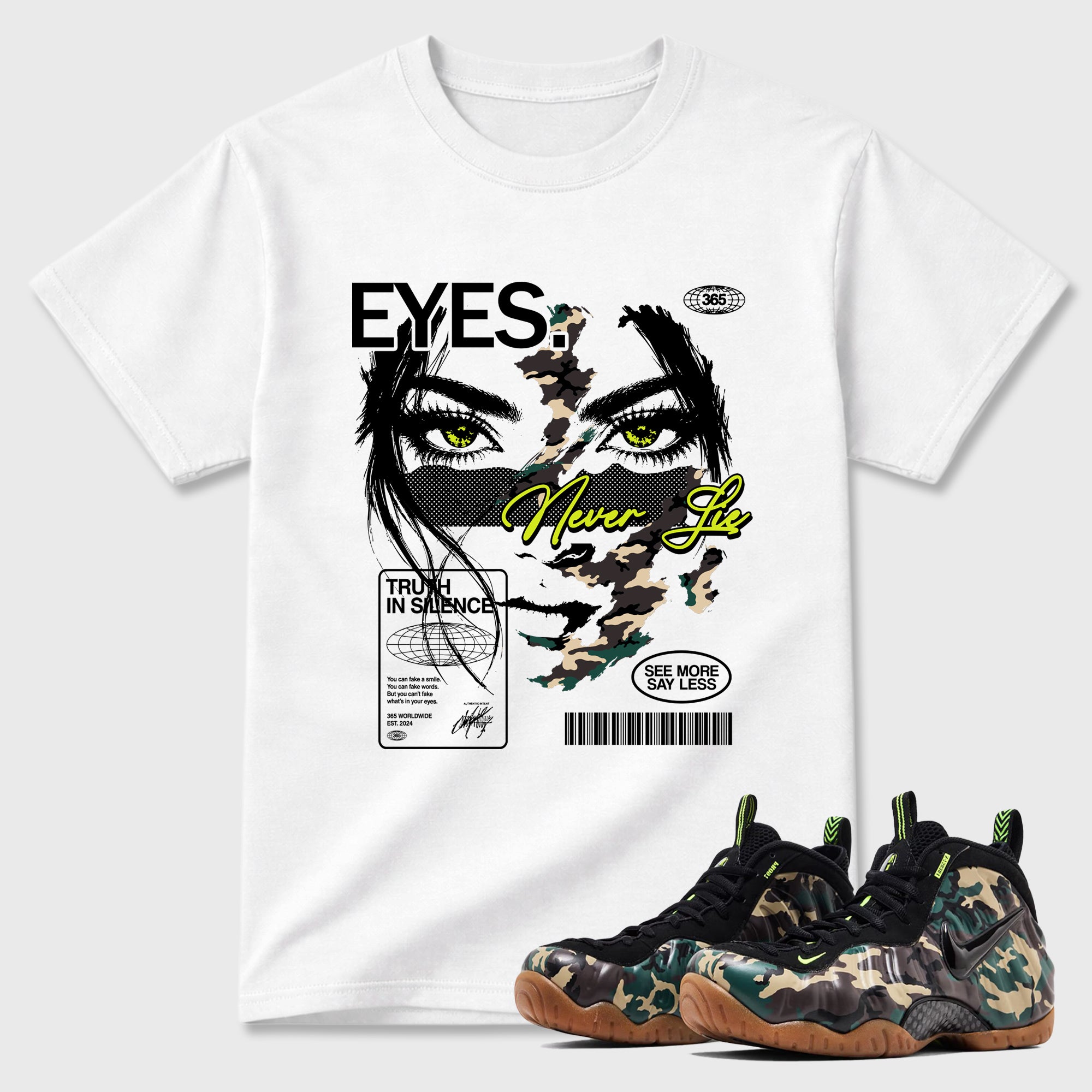 Eyes Never Lie Graphic T-Shirt featuring original streetwear artwork designed to match the Air Foamposite Pro Green Camo. White 1 Graphic T-Shirt.