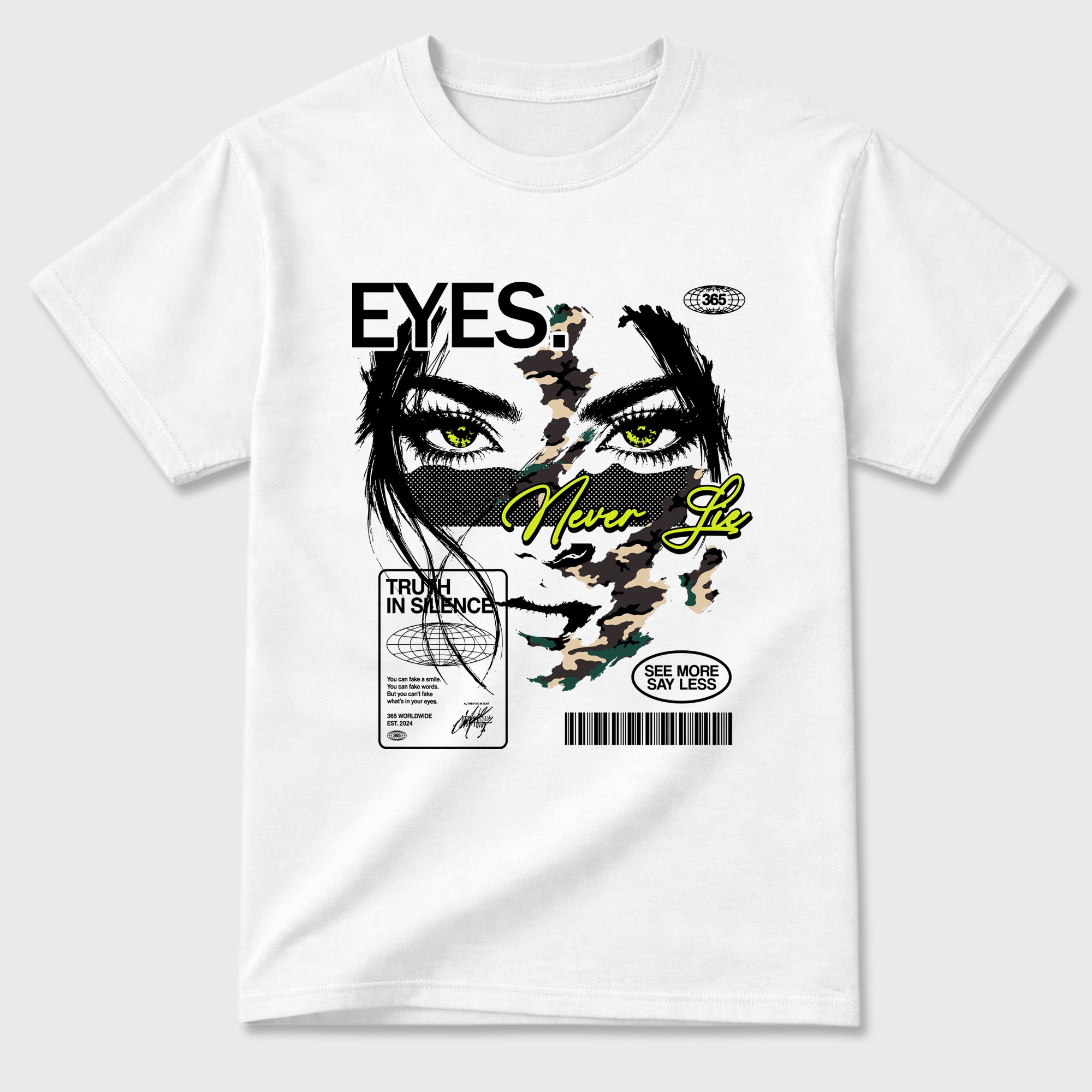 Eyes Never Lie Graphic T-Shirt featuring original streetwear artwork designed to match the Air Foamposite Pro Green Camo. White 2 Graphic T-Shirt.