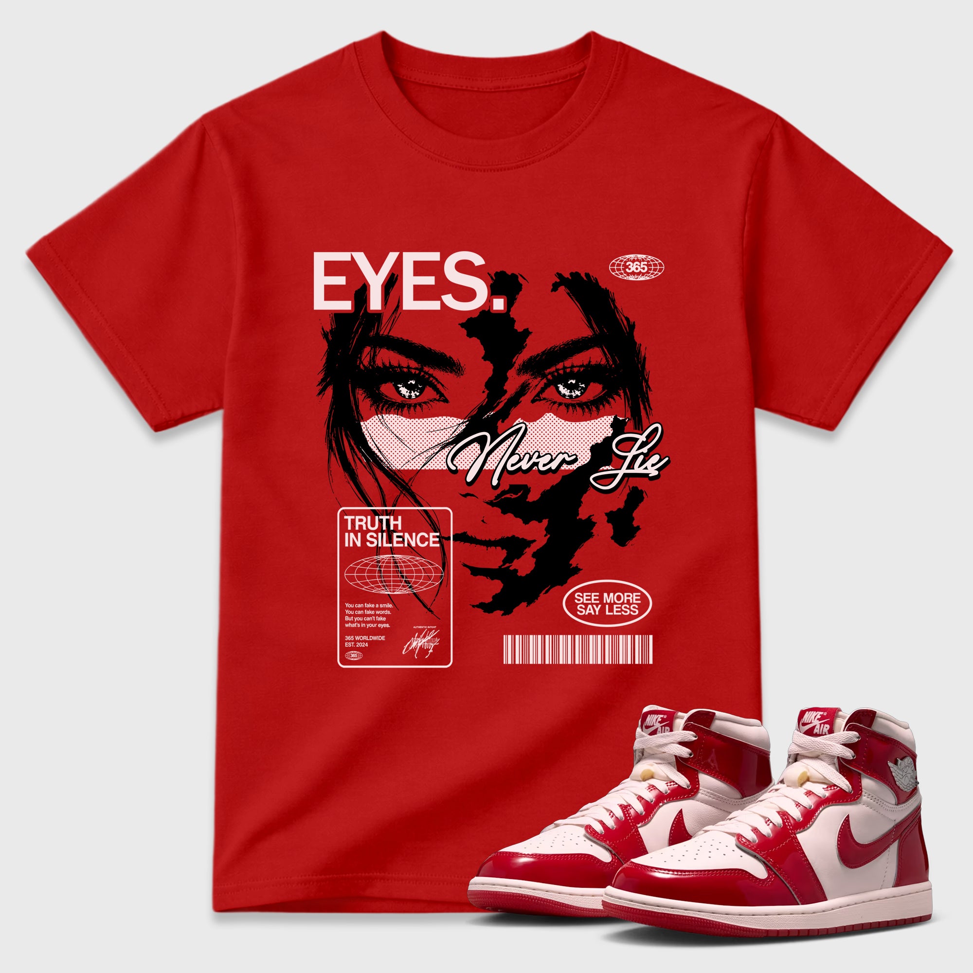 Eyes Never Lie Graphic T-Shirt featuring original streetwear artwork designed to match the Air Jordan 1 Nails and Grails. Red 1 Graphic T-Shirt.