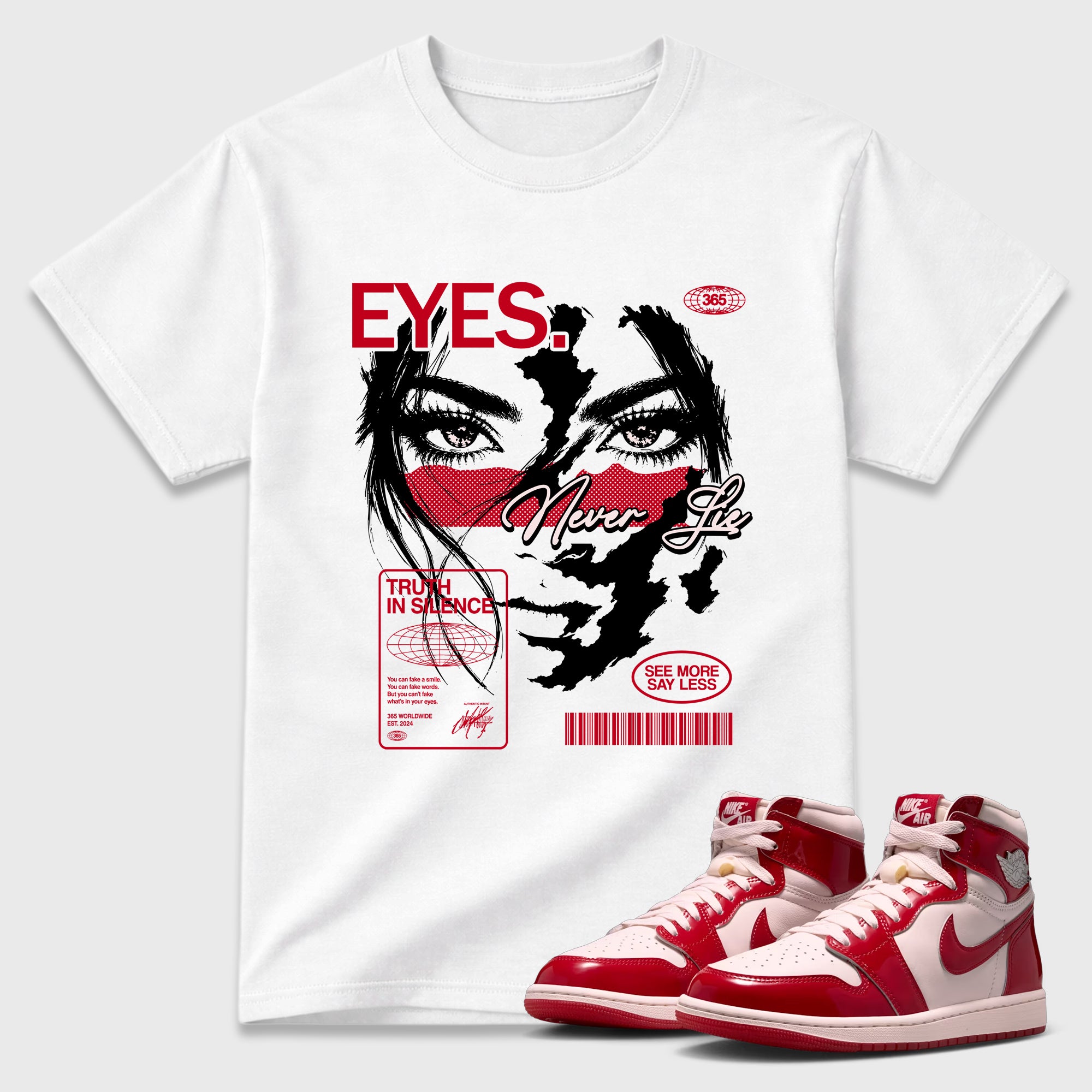 Eyes Never Lie Graphic T-Shirt featuring original streetwear artwork designed to match the Air Jordan 1 Nails and Grails. White 1 Graphic T-Shirt.