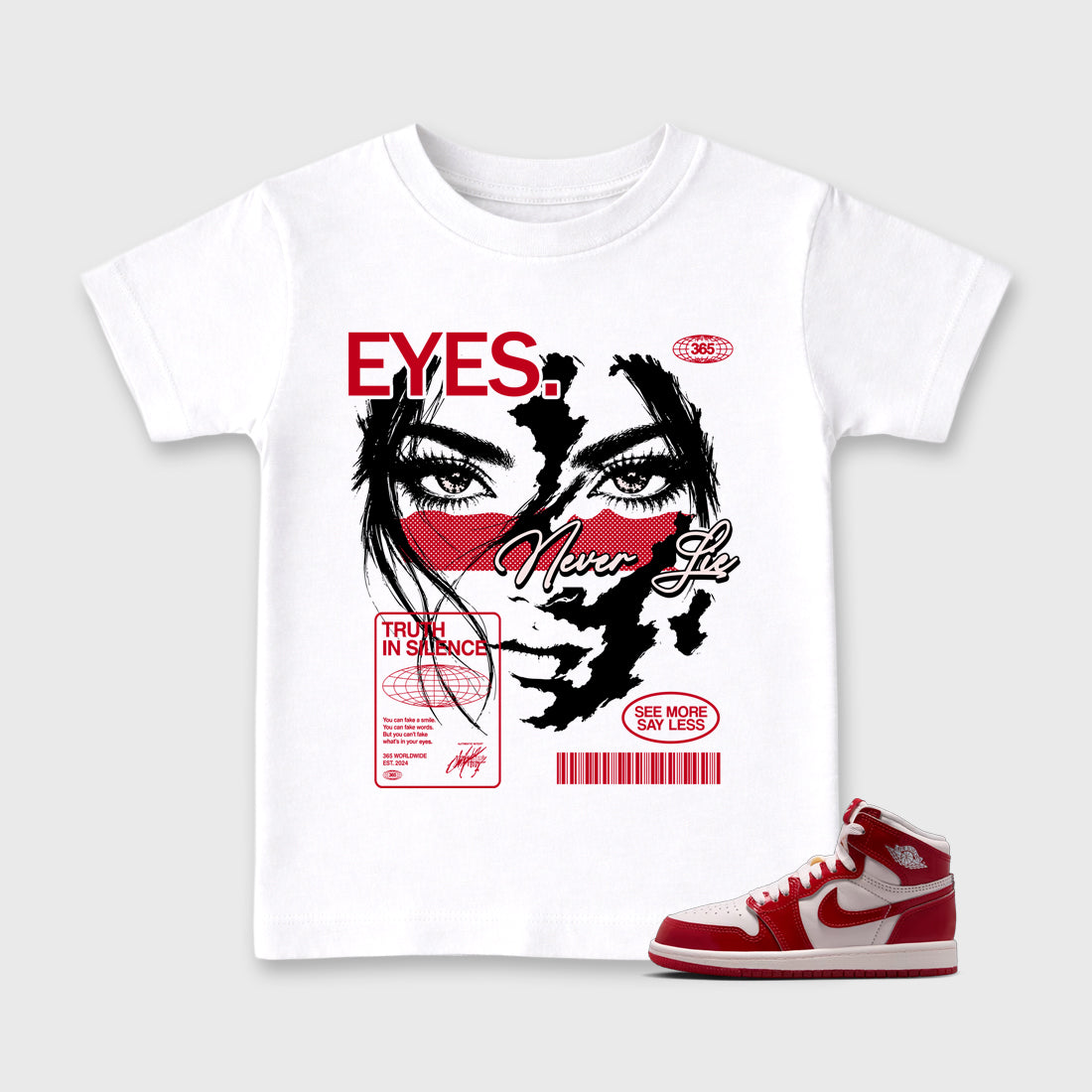 Eyes Never Lie Baby & Kids Graphic T-Shirt featuring original artwork designed to match the Air Jordan 1 Nails and Grails. White 1 Kids Graphic Tee.