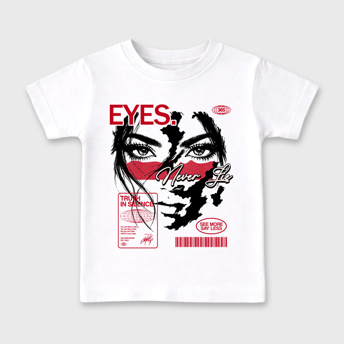 Eyes Never Lie Baby & Kids Graphic T-Shirt featuring original artwork designed to match the Air Jordan 1 Nails and Grails. White 2 Kids Graphic Tee.