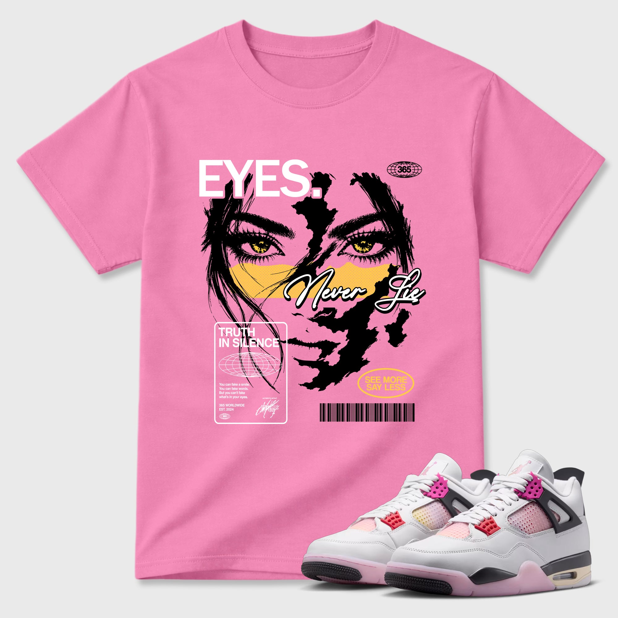 Eyes Never Lie Graphic T-Shirt featuring original streetwear artwork designed to match the Air Jordan 4 Comic. Bubble Gum 1 Graphic T-Shirt.