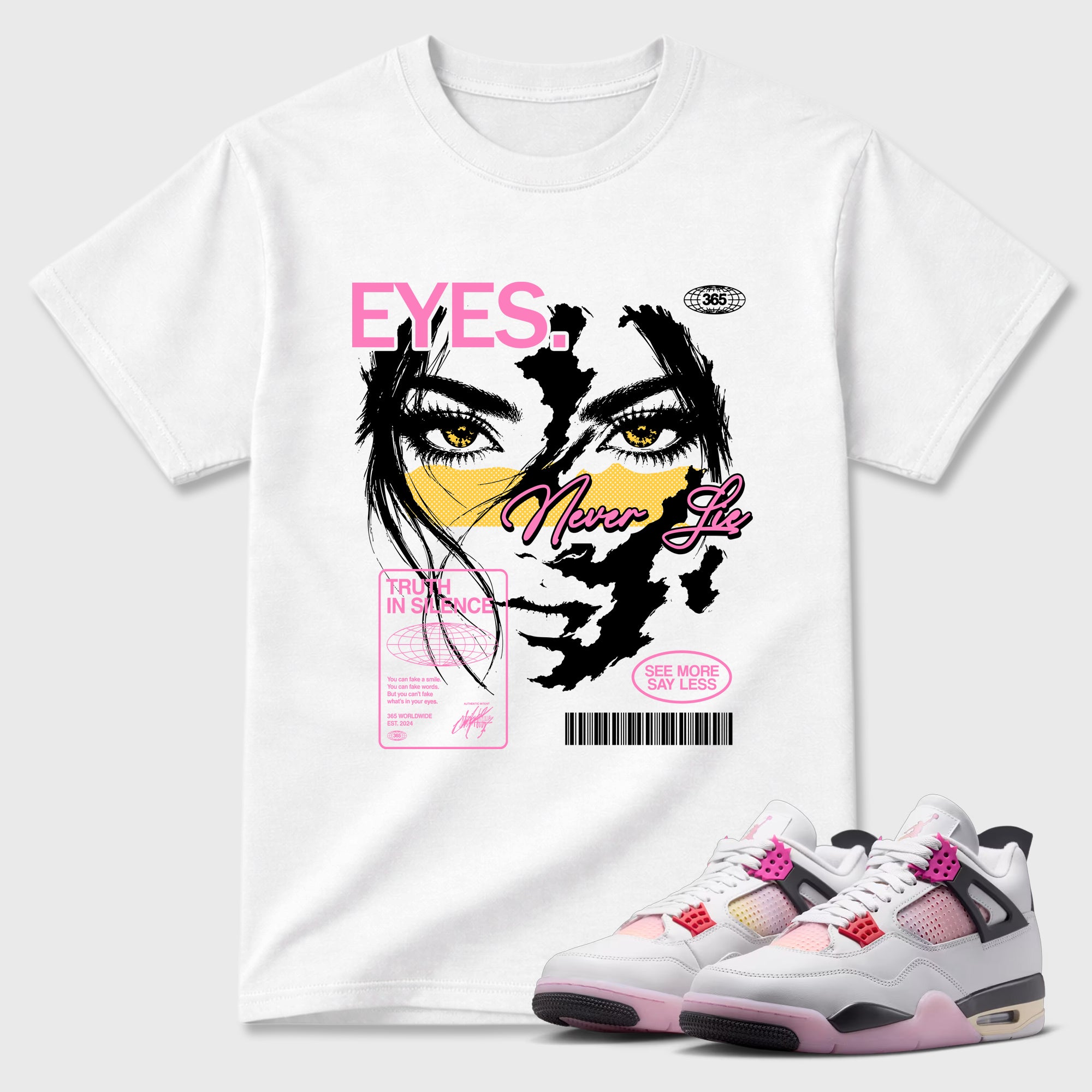 Eyes Never Lie Graphic T-Shirt featuring original streetwear artwork designed to match the Air Jordan 4 Comic. White 1 Graphic T-Shirt.