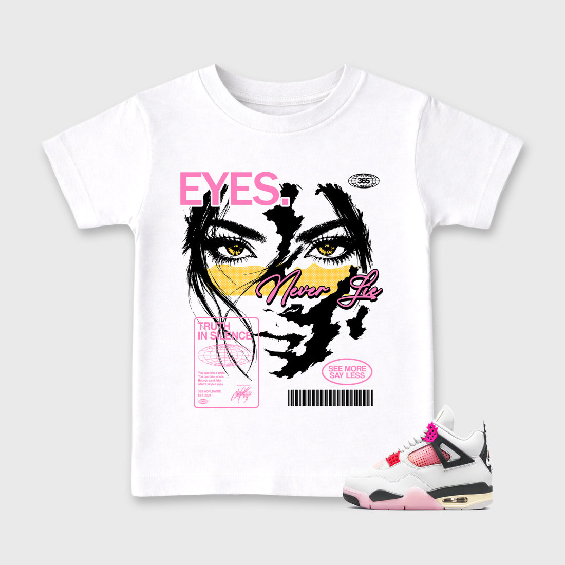 Eyes Never Lie Baby & Kids Graphic T-Shirt featuring original artwork designed to match the Air Jordan 4 Comic. White 1 Kids Graphic Tee.