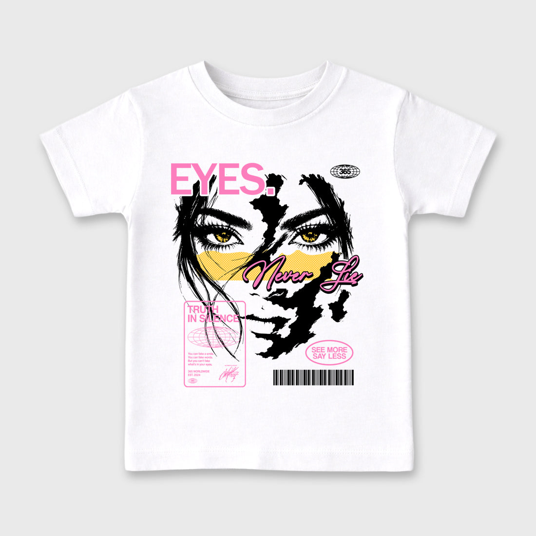 Eyes Never Lie Baby & Kids Graphic T-Shirt featuring original artwork designed to match the Air Jordan 4 Comic. White 2 Kids Graphic Tee.