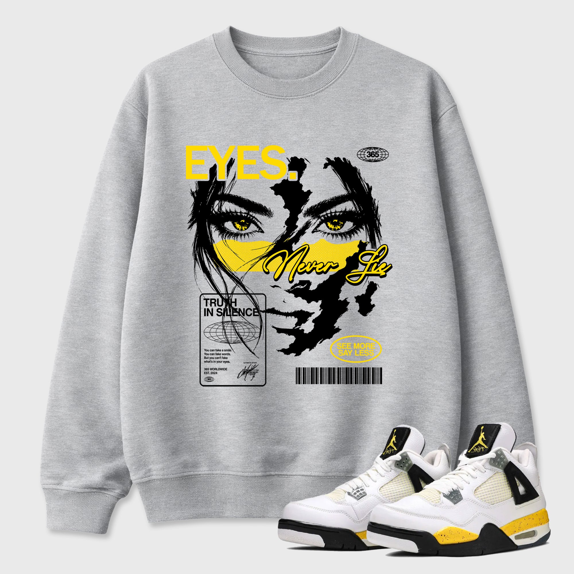 Eyes Never Lie Graphic T-Shirt featuring original streetwear artwork designed to match the Air Jordan 4 Tour Yellow. Heather Grey 1 Graphic Tee.