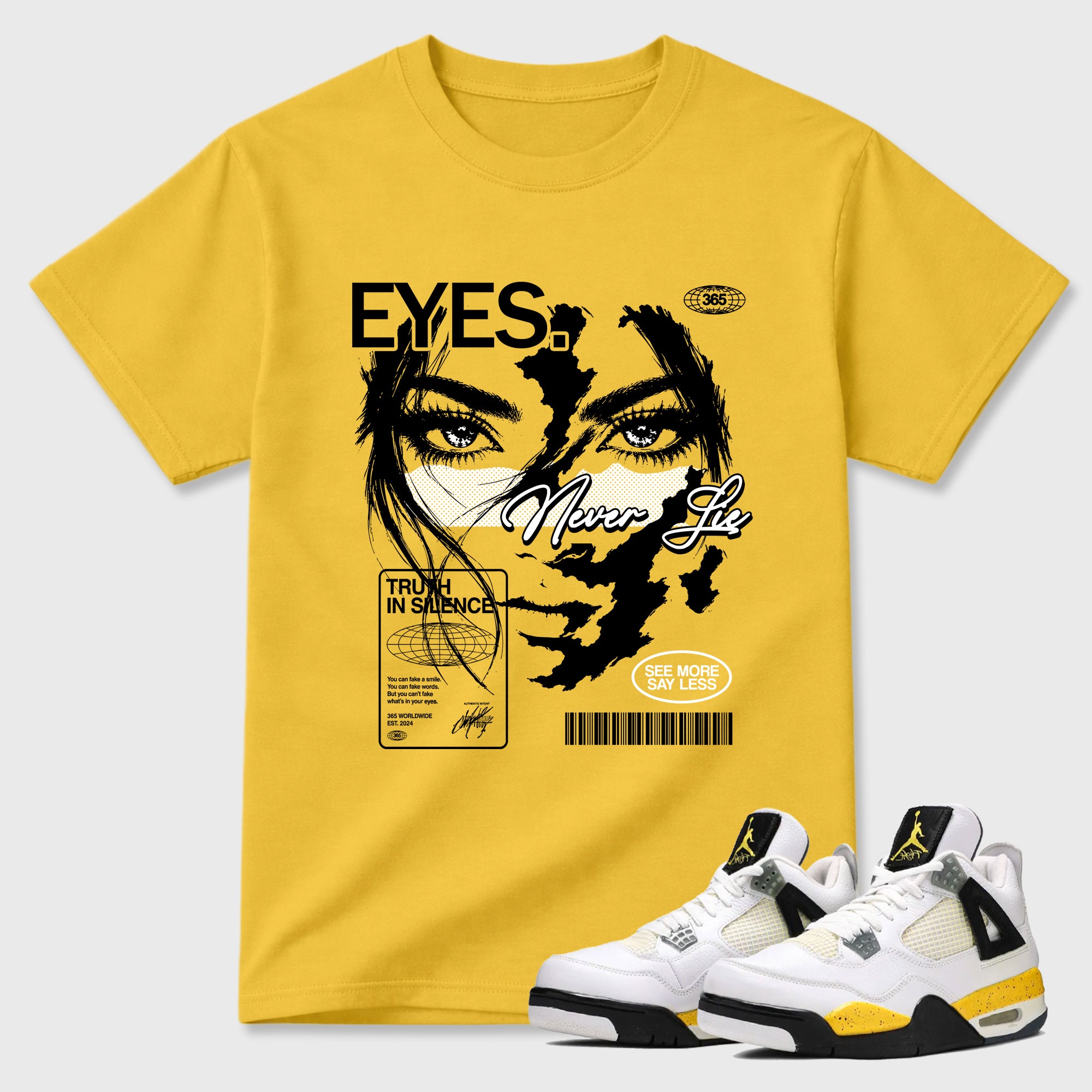 Eyes Never Lie Graphic T-Shirt featuring original streetwear artwork designed to match the Air Jordan 4 Tour Yellow. Daisy 1 Graphic T-Shirt.