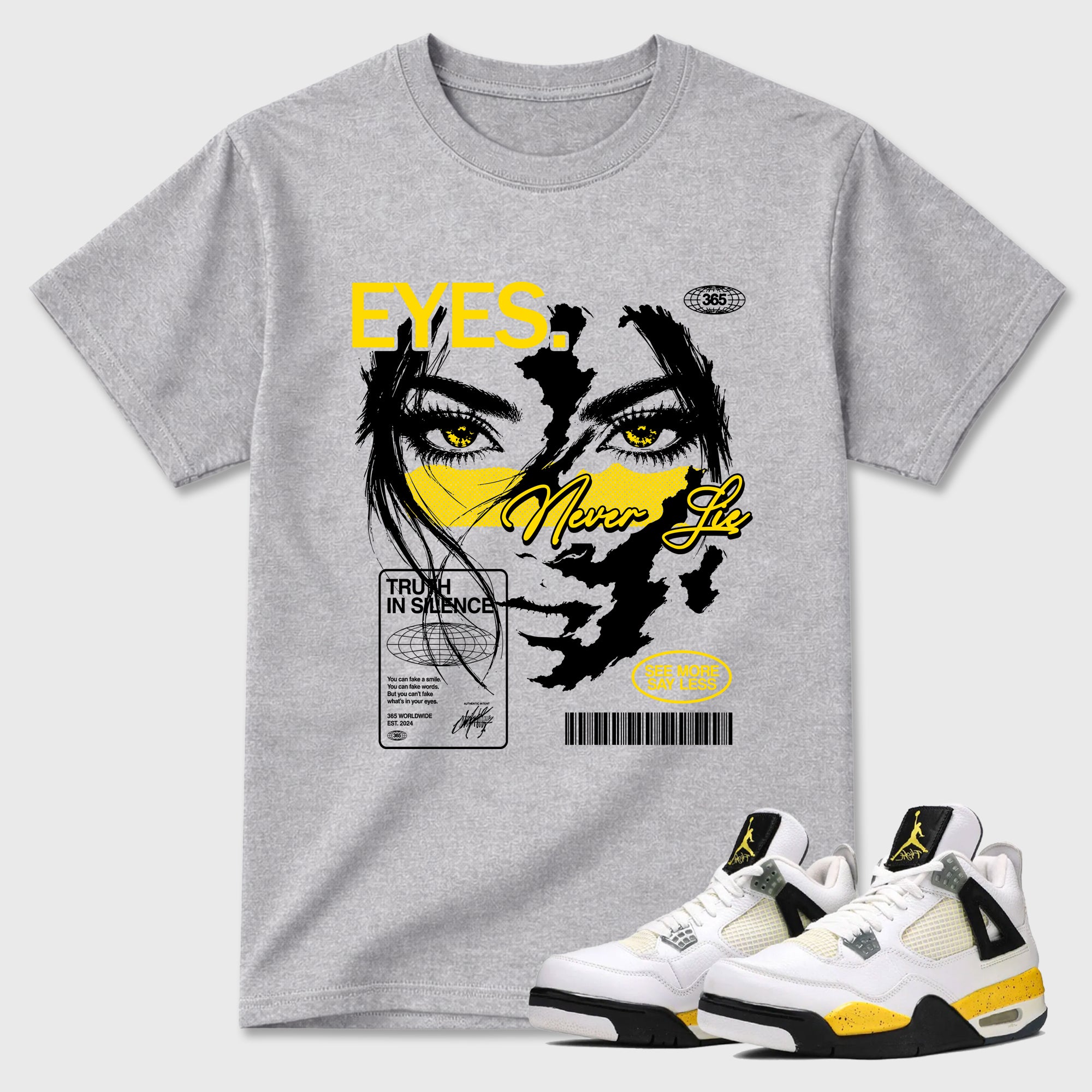 Eyes Never Lie Graphic T-Shirt featuring original streetwear artwork designed to match the Air Jordan 4 Tour Yellow. Heather Grey 1 Graphic T-Shirt.