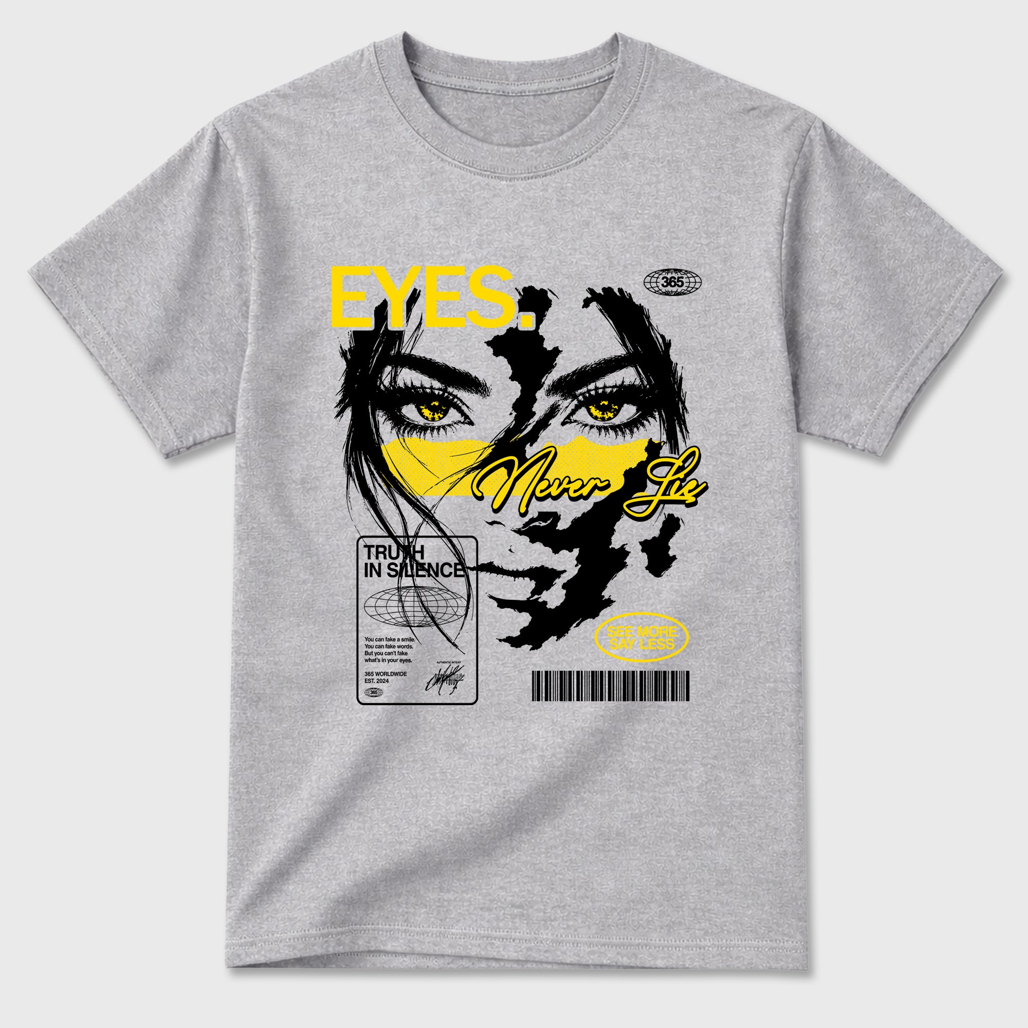 Eyes Never Lie Graphic T-Shirt featuring original streetwear artwork designed to match the Air Jordan 4 Tour Yellow. Heather Grey 2 Graphic T-Shirt.