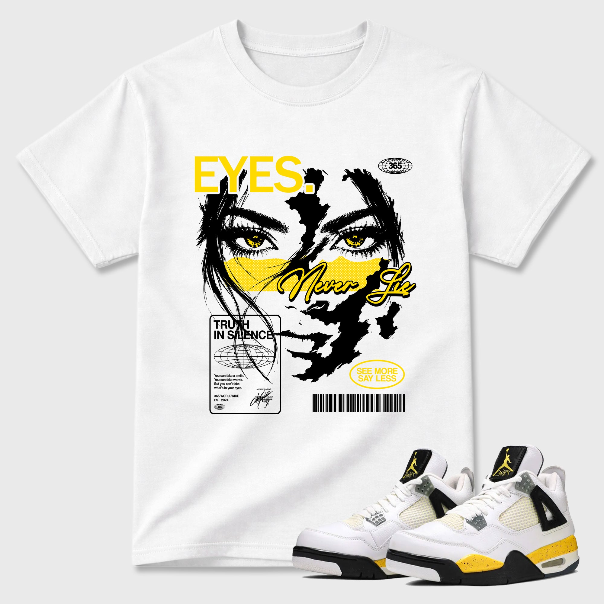 Eyes Never Lie Graphic T-Shirt featuring original streetwear artwork designed to match the Air Jordan 4 Tour Yellow. White 1 Graphic T-Shirt.