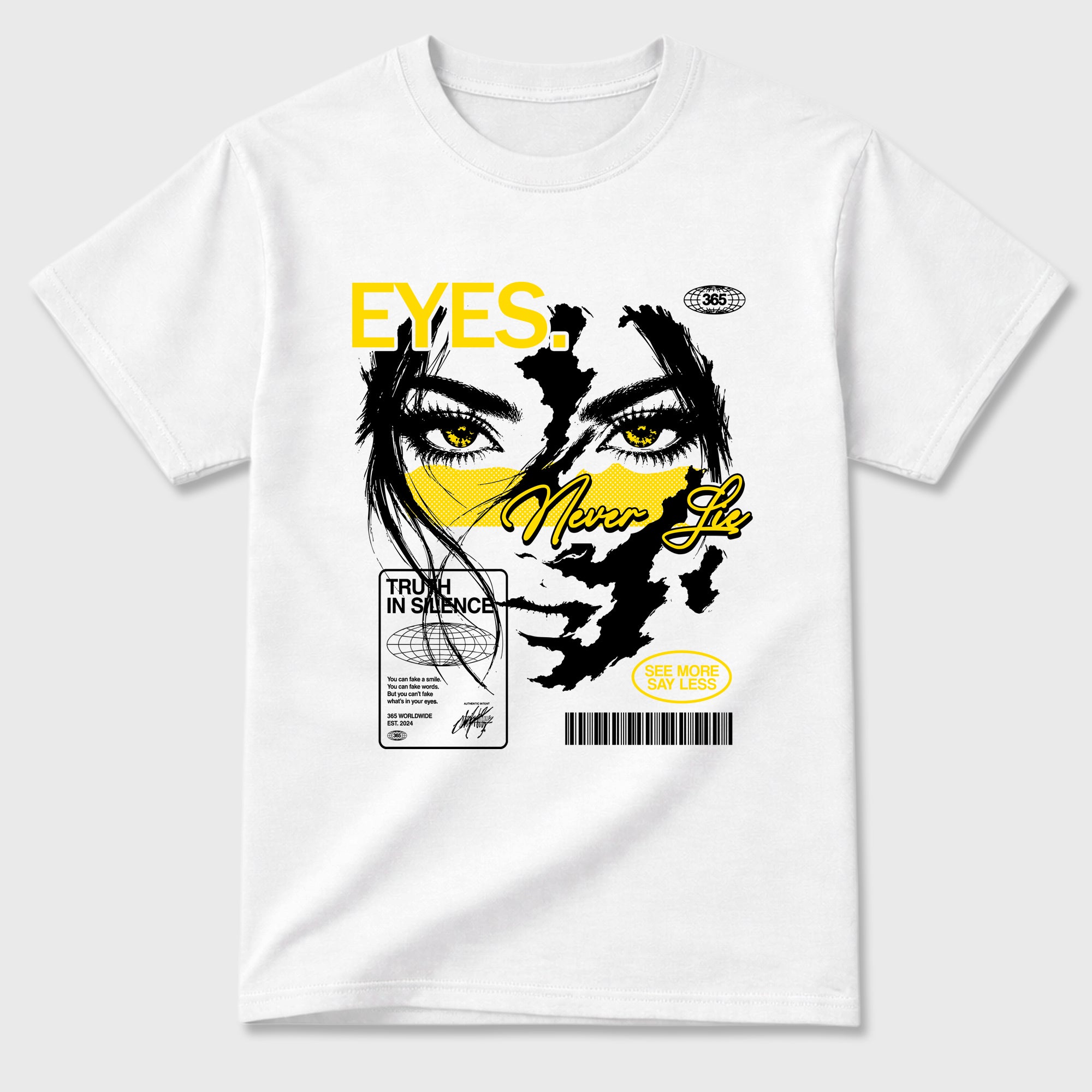 Eyes Never Lie Graphic T-Shirt featuring original streetwear artwork designed to match the Air Jordan 4 Tour Yellow. White 2 Graphic T-Shirt.