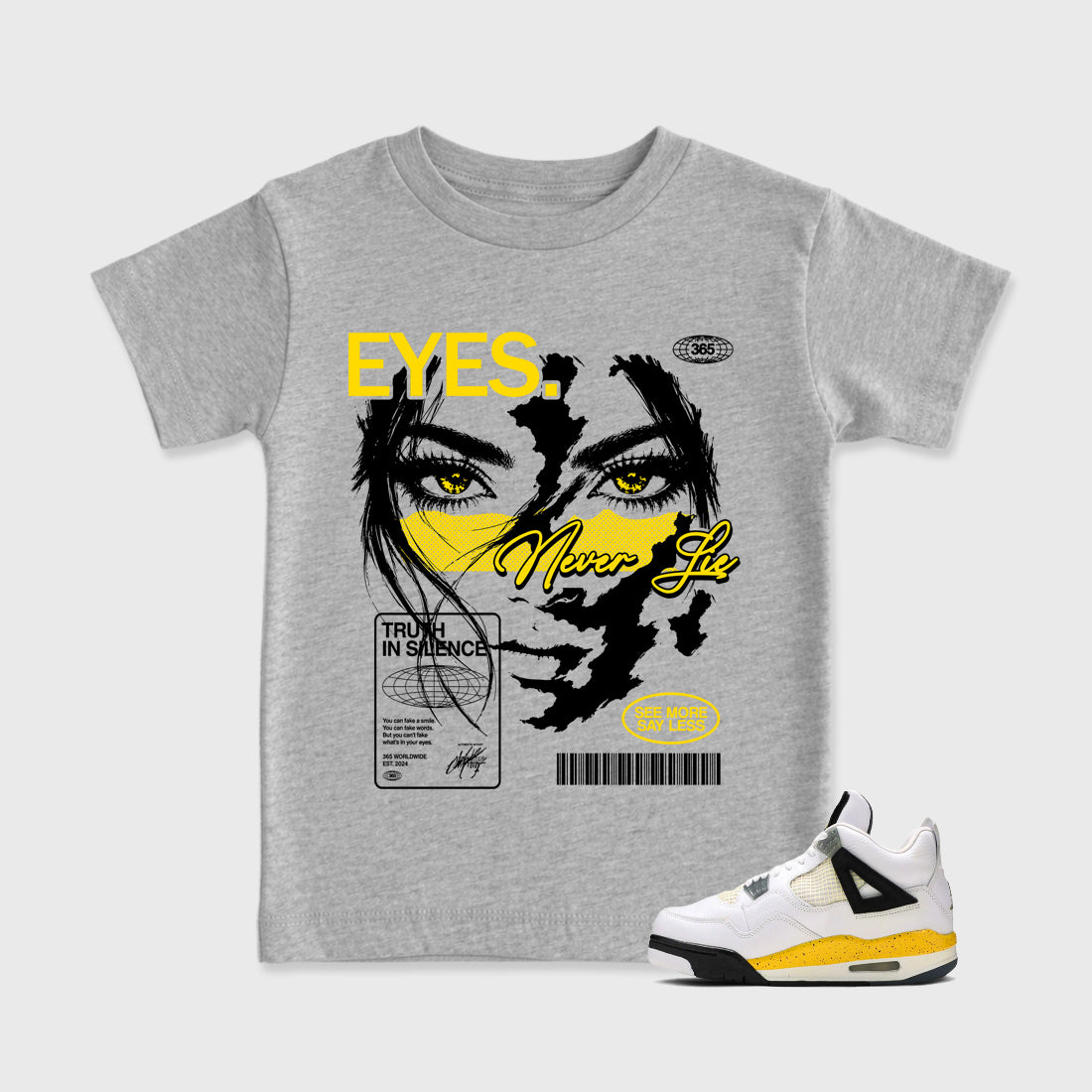 Eyes Never Lie Baby & Kids Graphic T-Shirt featuring original artwork designed to match the Air Jordan 4 Tour Yellow. Heather Grey 1 Kids Graphic Tee.