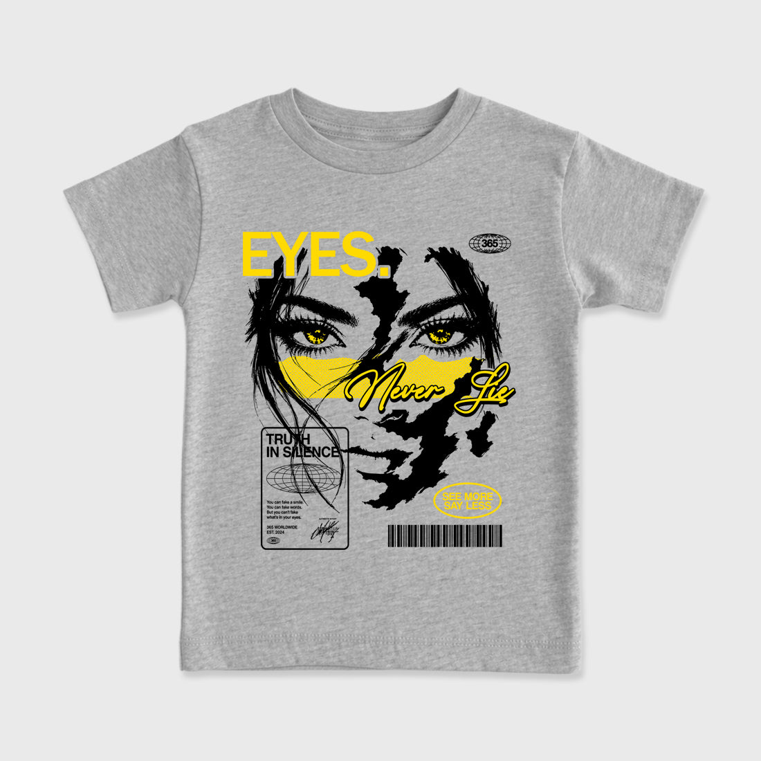 Eyes Never Lie Baby & Kids Graphic T-Shirt featuring original artwork designed to match the Air Jordan 4 Tour Yellow. Heather Grey 2 Kids Graphic Tee.