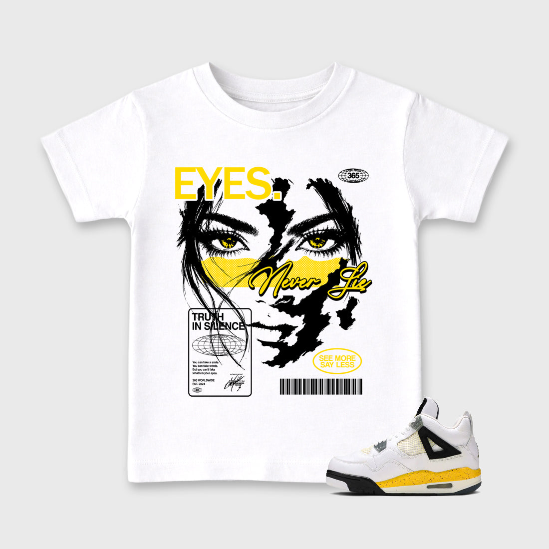 Eyes Never Lie Baby & Kids Graphic T-Shirt featuring original artwork designed to match the Air Jordan 4 Tour Yellow. White 1 Kids Graphic Tee.