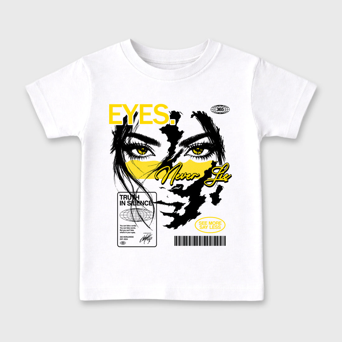 Eyes Never Lie Baby & Kids Graphic T-Shirt featuring original artwork designed to match the Air Jordan 4 Tour Yellow. White 2 Kids Graphic Tee.