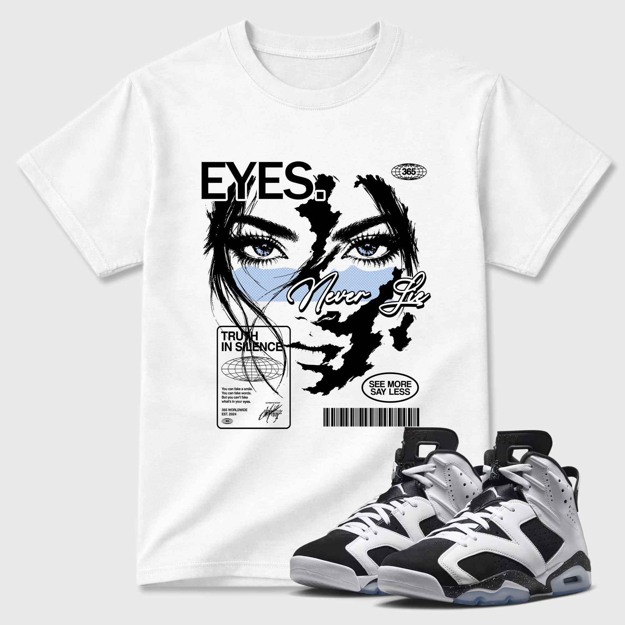 Eyes Never Lie Graphic T-Shirt featuring original streetwear artwork designed to match the Air Jordan 6 Black and White. White 1 Graphic T-Shirt.