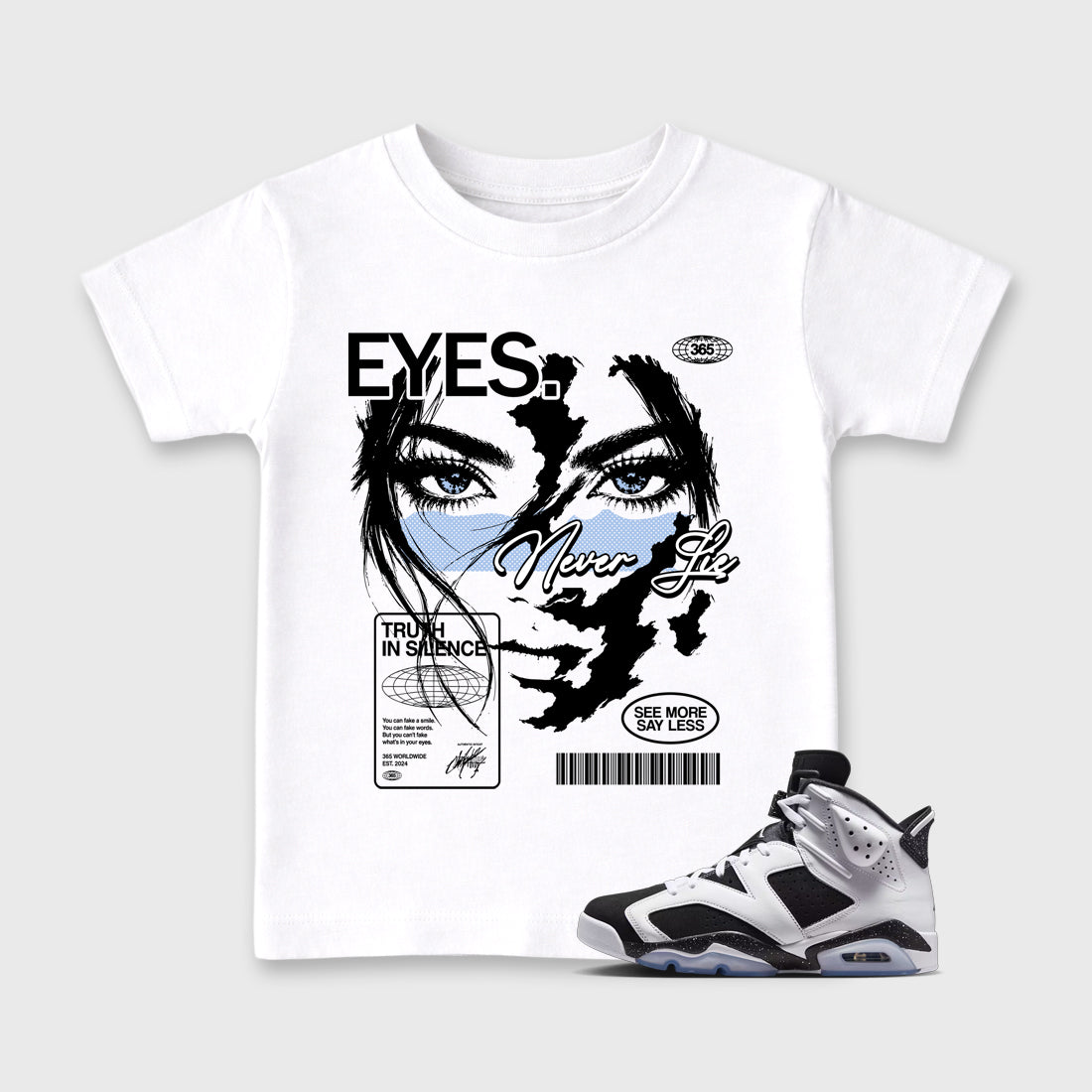 Eyes Never Lie Baby & Kids Graphic T-Shirt featuring original artwork designed to match the Air Jordan 6 Black and White. White 1 Kids Graphic Tee.