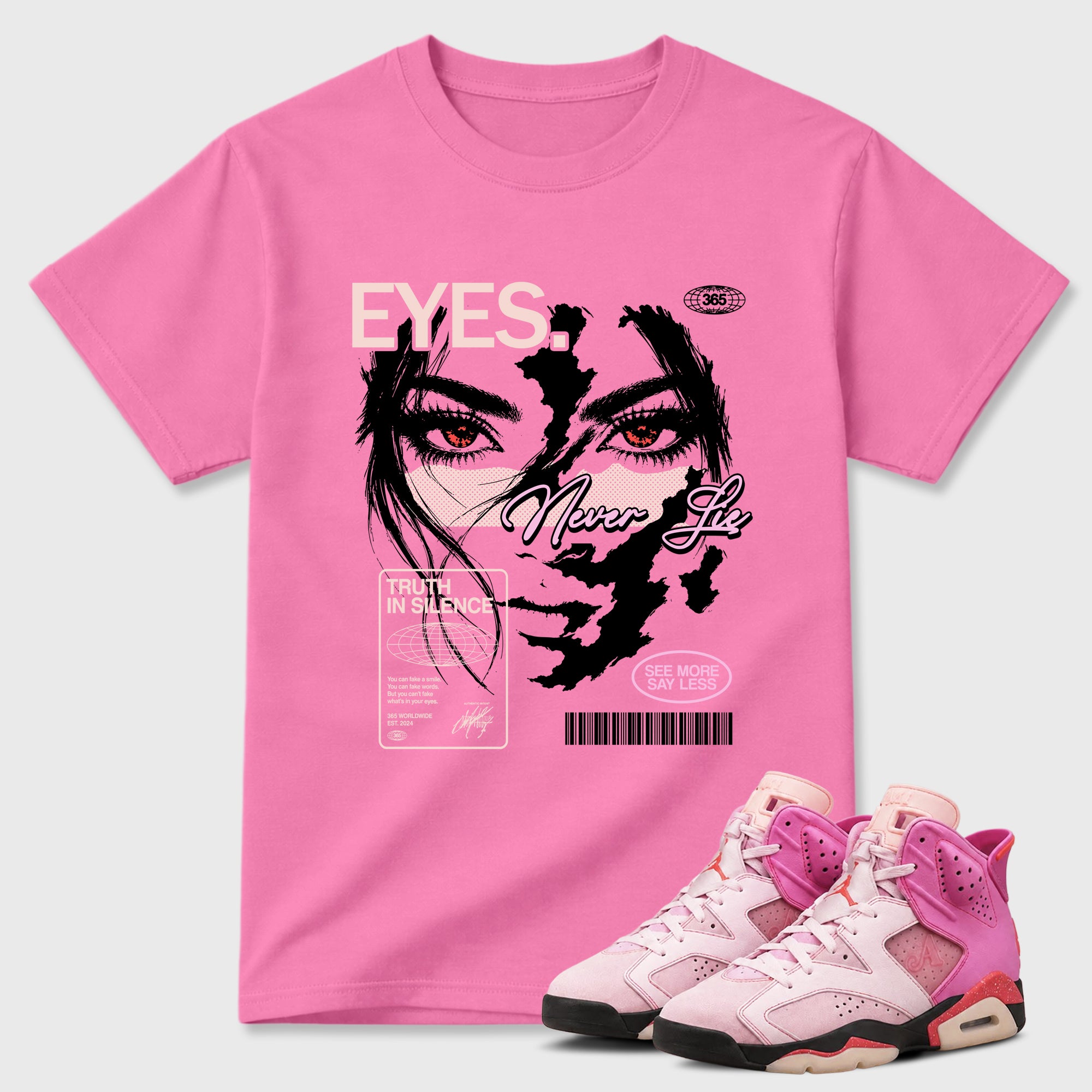 Eyes Never Lie Graphic T-Shirt featuring original streetwear artwork designed to match the Air Jordan 6 Playful Pink. Bubble Gum 1 Graphic T-Shirt.