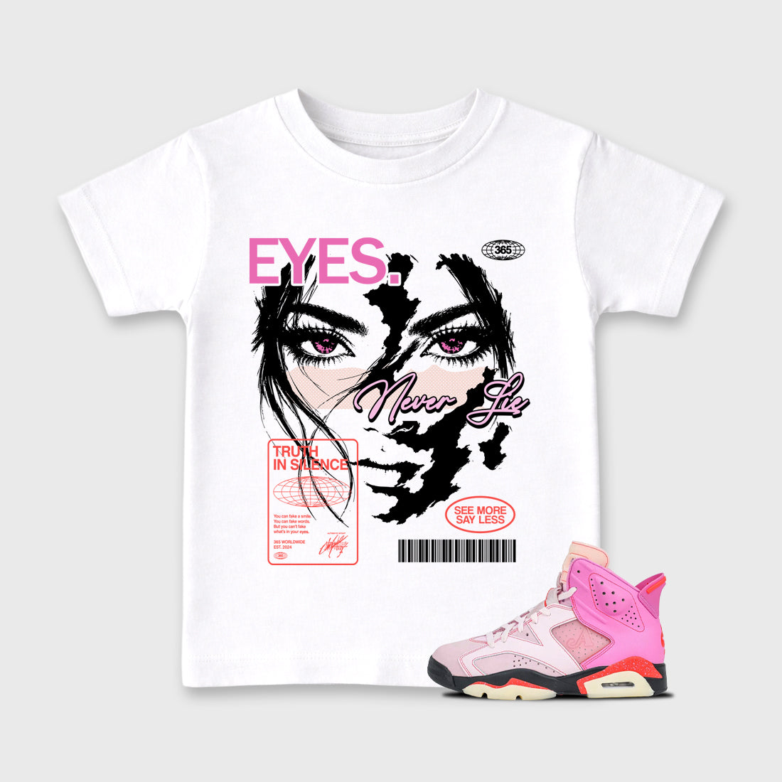 Eyes Never Lie Baby & Kids Graphic T-Shirt featuring original artwork designed to match the Air Jordan 6 Playful Pink. White 1 Kids Graphic Tee.